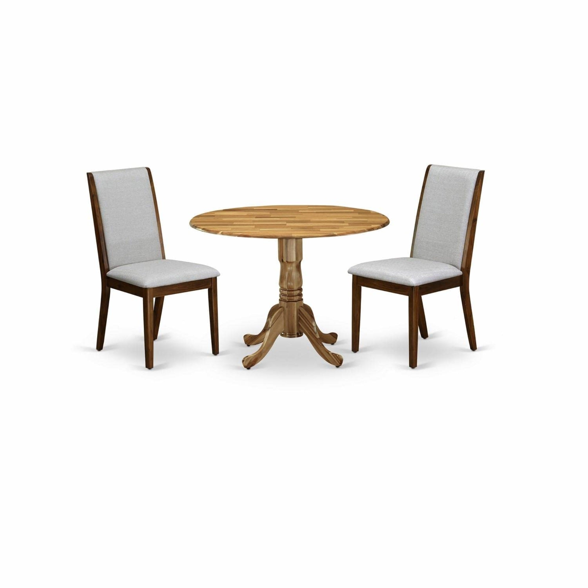Casafoyer Dlla3-Ana-05 3 Piece Dining Room Furniture Set Contains A Round Dining Table With Dropleaf And 2 Grey Linen Fabric Upholstered Chairs, 42X42 Inch, Natural