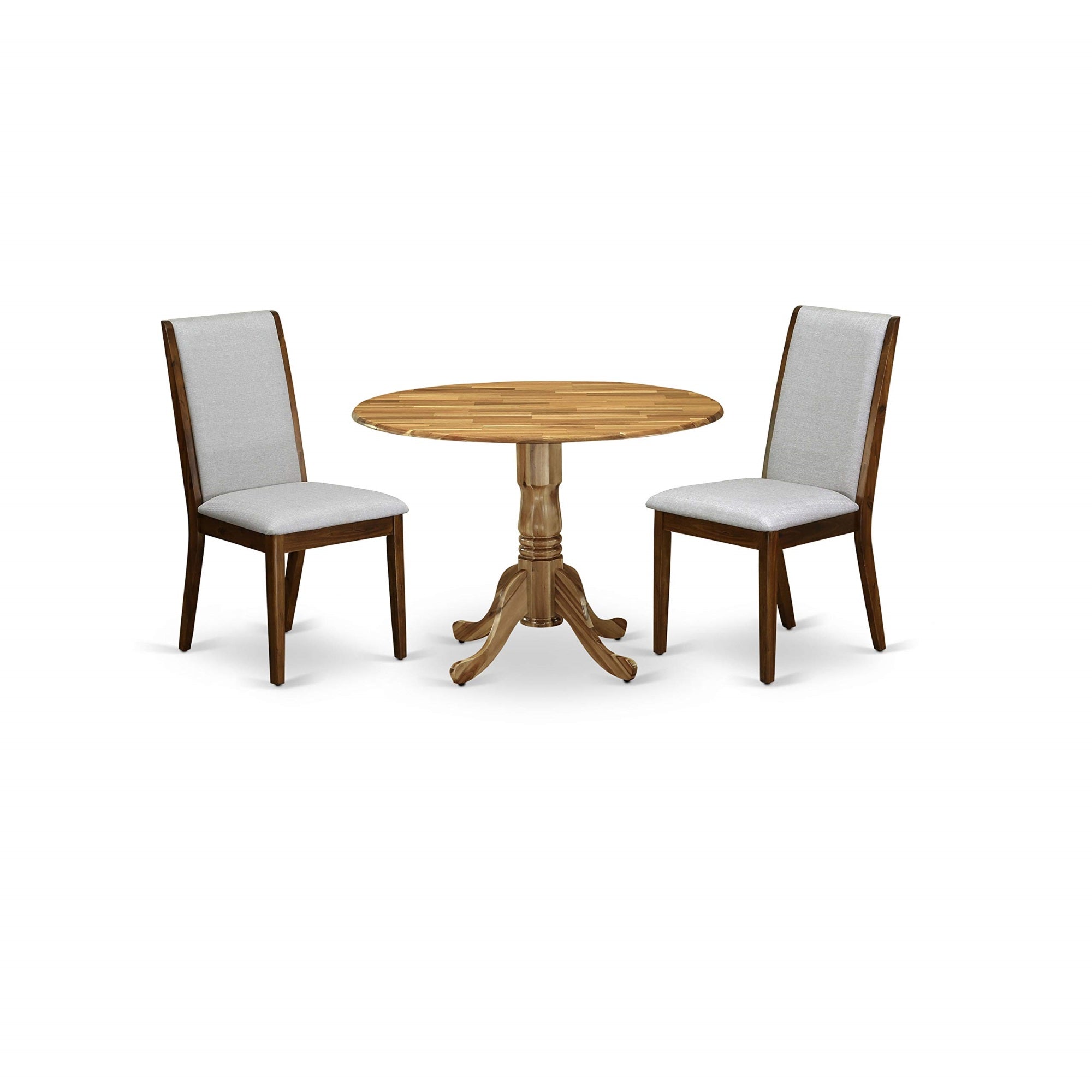East West Furniture Dublin 3 Piece Room Furniture Set Contains A Round Dining Table With Dropleaf And 2 Grey Linen Fabric Upholstered Chairs, 42X42 Inch, Dlla3-Ana-05