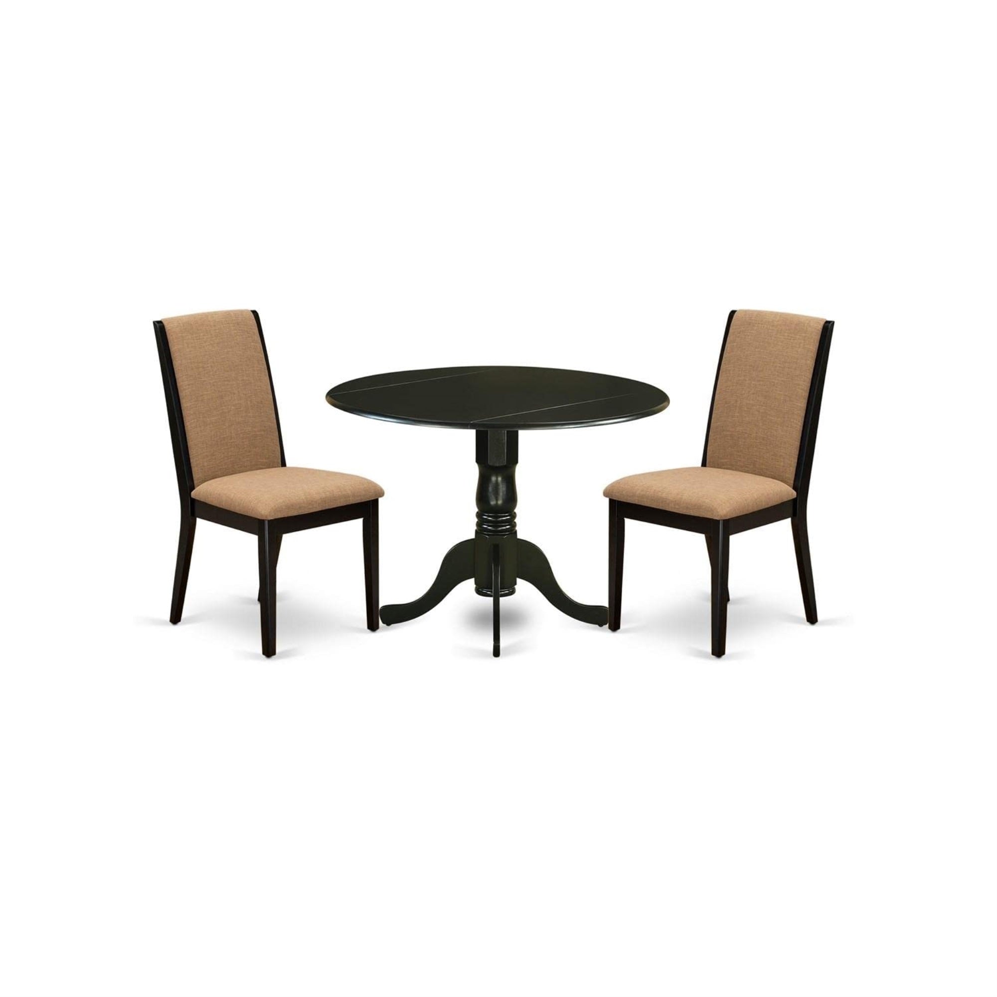 Casafoyer Dlla3-Blk-47 3 Piece Dining Table Set Contains A Round Dining Room Table With Dropleaf And 2 Light Sable Linen Fabric Upholstered Chairs, 42X42 Inch, Black