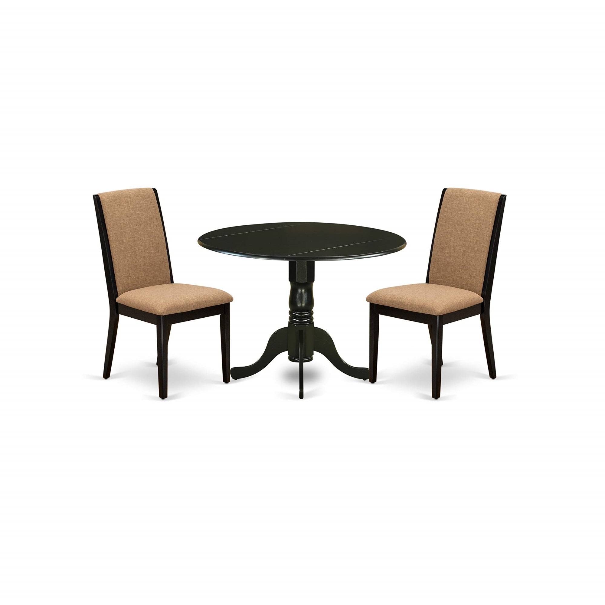 East West Furniture Dublin 3 Piece Set Contains A Round Dining Room Table With Dropleaf And 2 Light Sable Linen Fabric Upholstered Chairs, 42X42 Inch, Dlla3-Blk-47