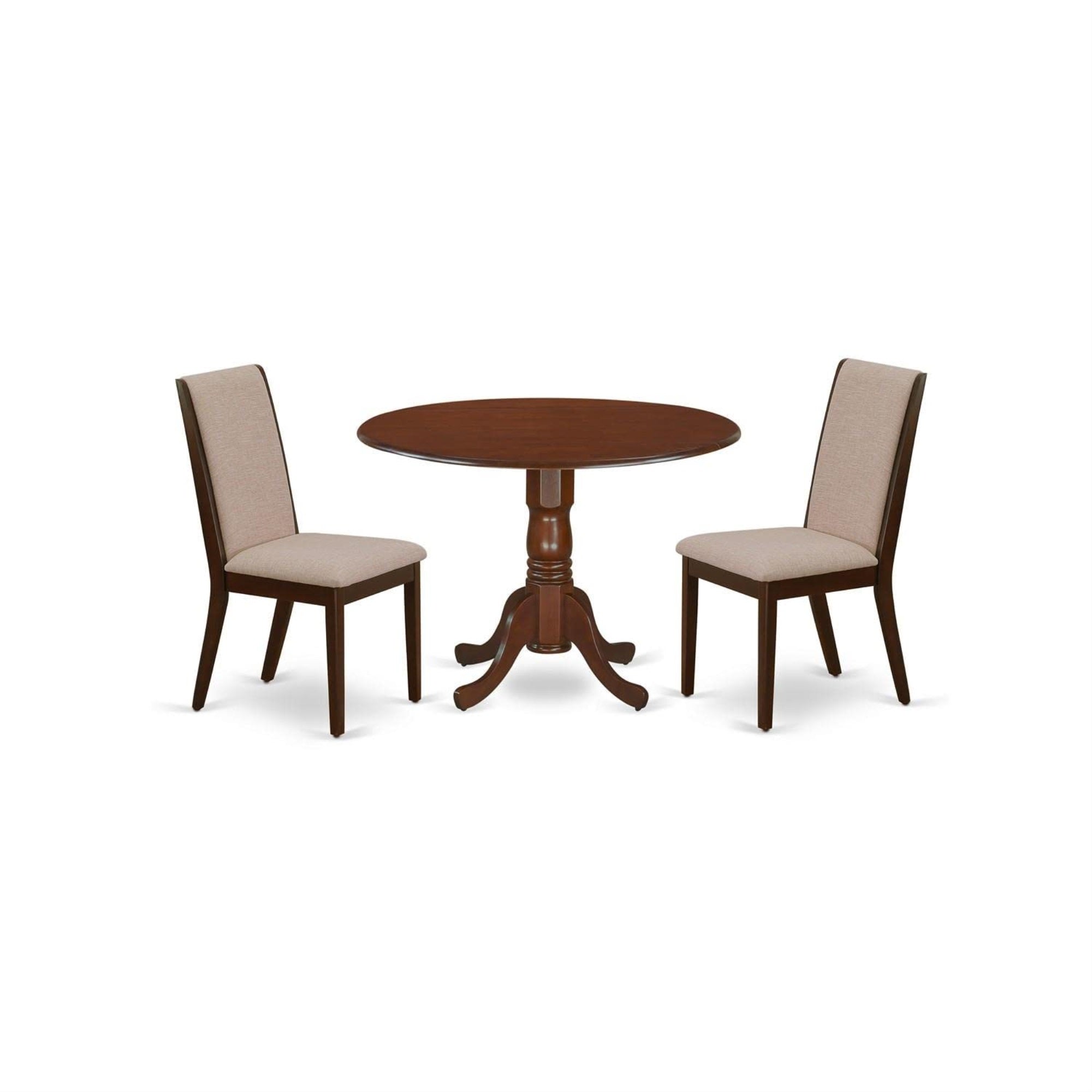 Casafoyer Dlla3-Mah-04 3 Piece Kitchen Table & Chairs Set Contains A Round Dining Room Table With Dropleaf And 2 Light Tan Linen Fabric Upholstered Chairs, 42X42 Inch, Mahogany
