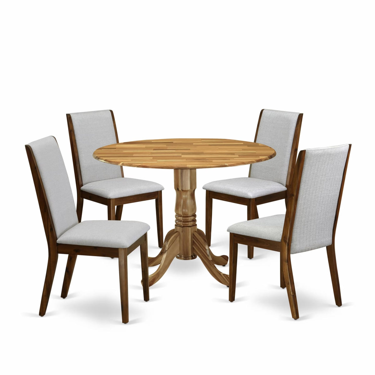 Casafoyer Dublin 5 Piece Room Set Includes A Round Dining Table With Dropleaf And 4 Grey Linen Fabric Upholstered Parson Chairs, 42X42 Inch, Dlla5-Ana-05