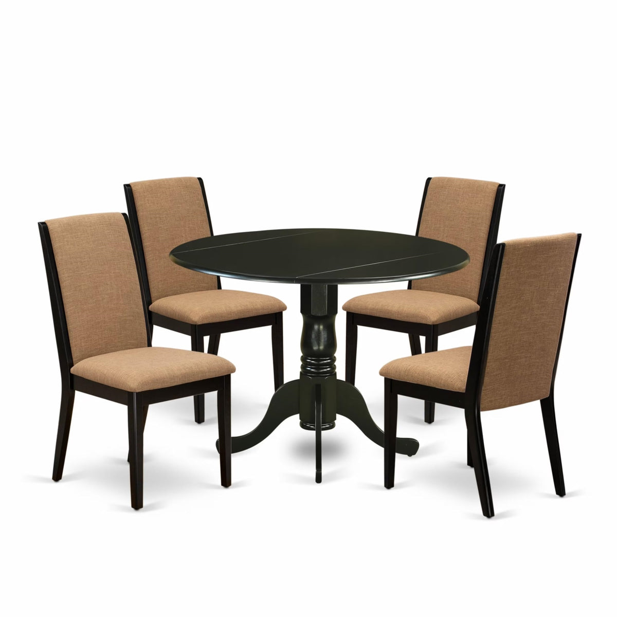 Casafoyer Dublin 5 Piece Set Includes A Round Dining Room Table With Dropleaf And 4 Light Sable Linen Fabric Upholstered Parson Chairs, 42X42 Inch, Dlla5-Blk-47