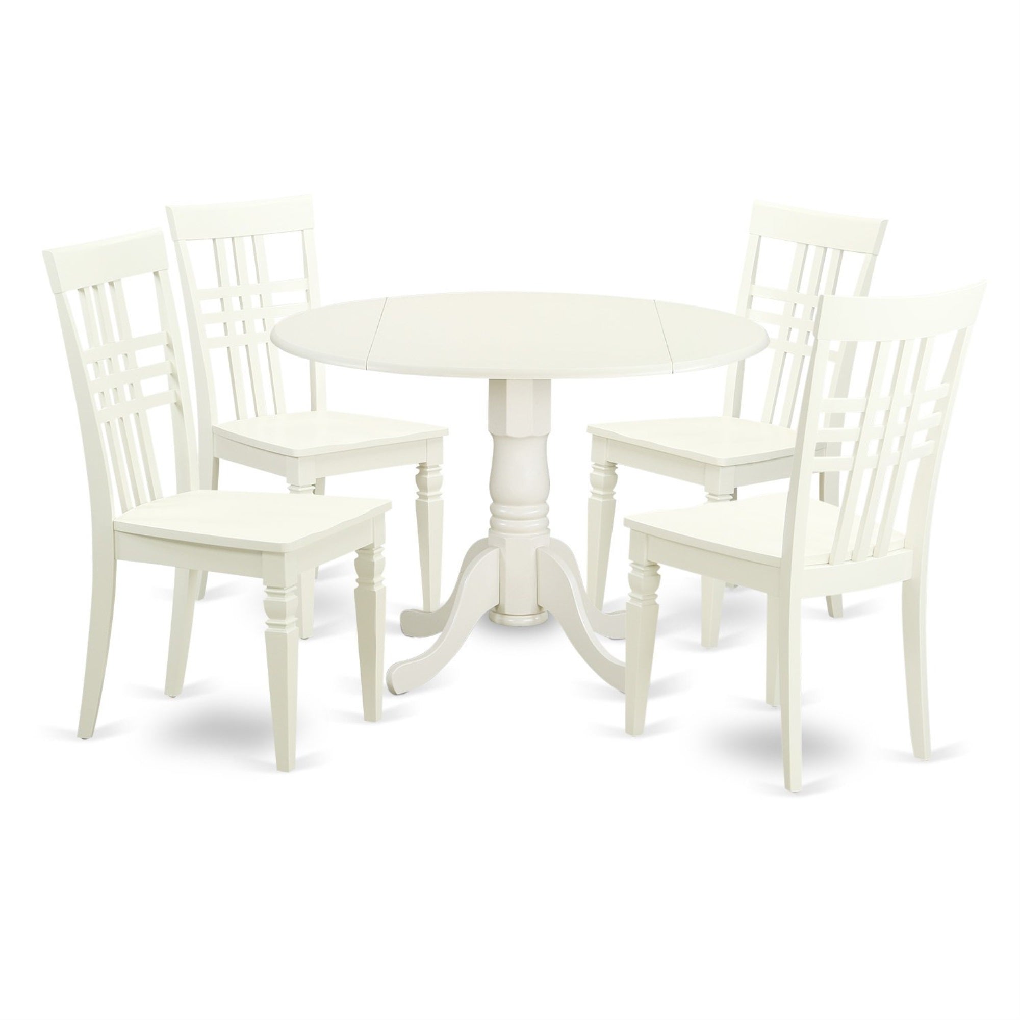 Ergode Dllg5-Lwh-W, 5-Piece Kitchen Dining Set, Round Table With Dropleaf, 4 Wood Seat Chairs, 42X42 Inch, Linen White