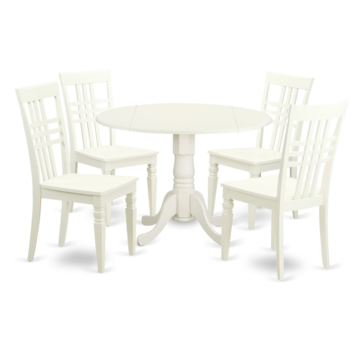 Ergode Dllg5-Lwh-W, 5-Piece Kitchen Dining Set, Round Table With Dropleaf, 4 Wood Seat Chairs, 42X42 Inch, Linen White