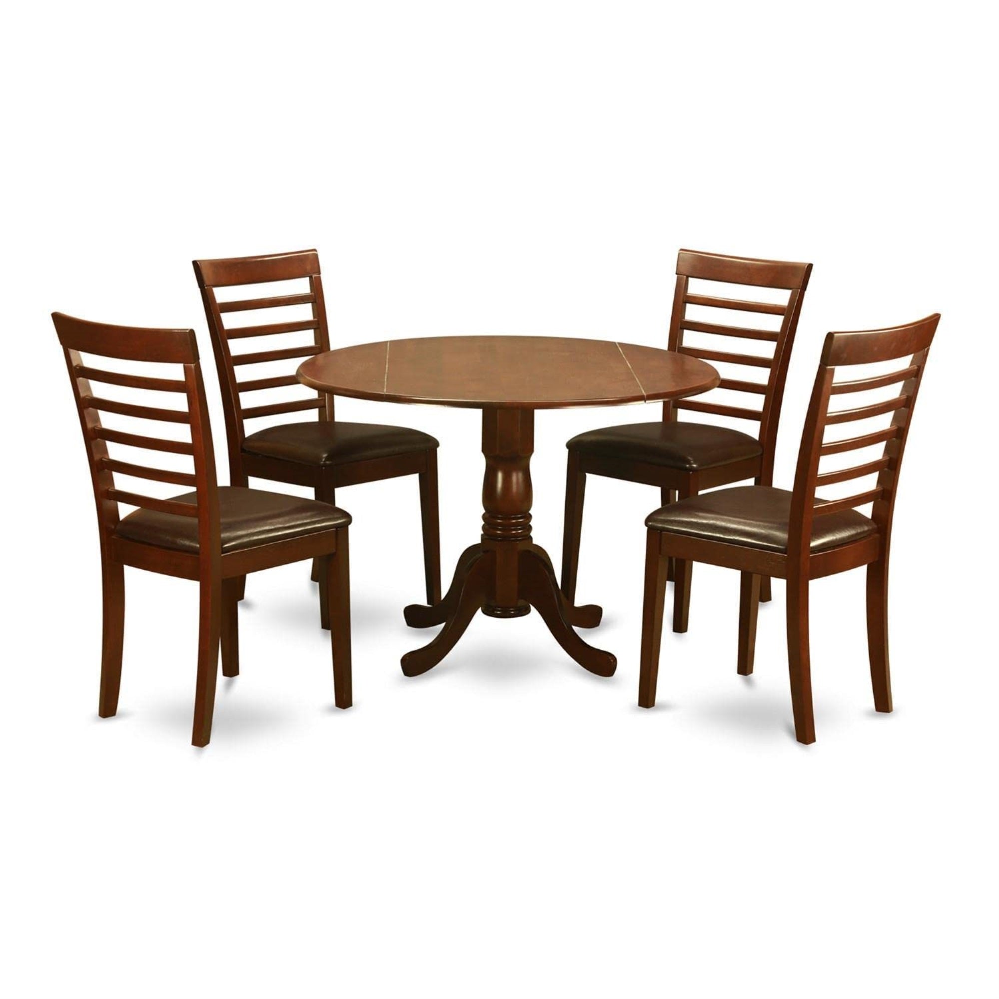 Casafoyer Dlml5-Mah-Lc 5 Piece Modern Dining Table Set Includes A Round Wooden Table With Dropleaf And 4 Faux Leather Upholstered Dining Chairs, 42X42 Inch, Mahogany