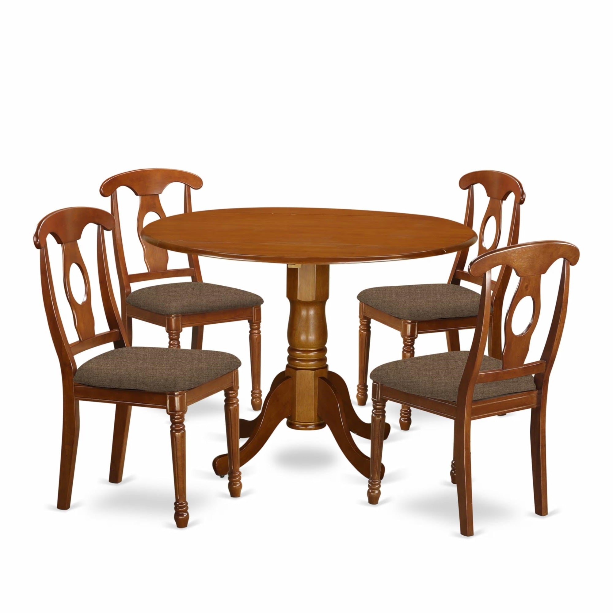 Casafoyer Dlna5-Sbr-C 5 Piece Kitchen Table & Chairs Set Includes A Round Dining Room Table With Dropleaf And 4 Linen Fabric Upholstered Chairs, 42X42 Inch, Saddle Brown