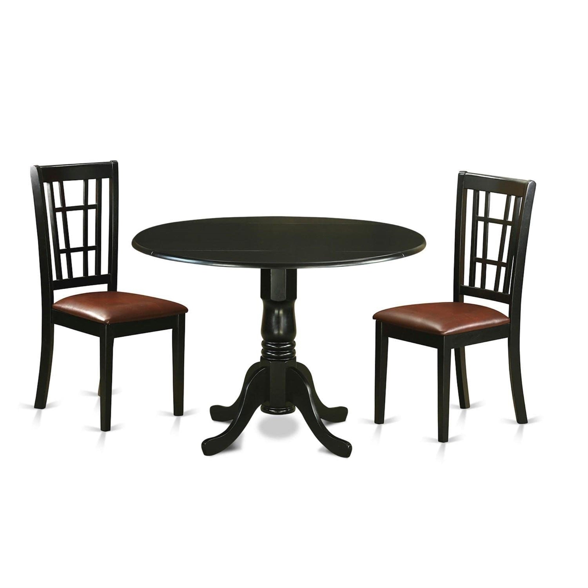 Casafoyer Dlni3-Blk-Lc 3 Piece Dining Table Set For Small Spaces Contains A Round Dining Room Table With Dropleaf And 2 Faux Leather Upholstered Chairs, 42X42 Inch, Black