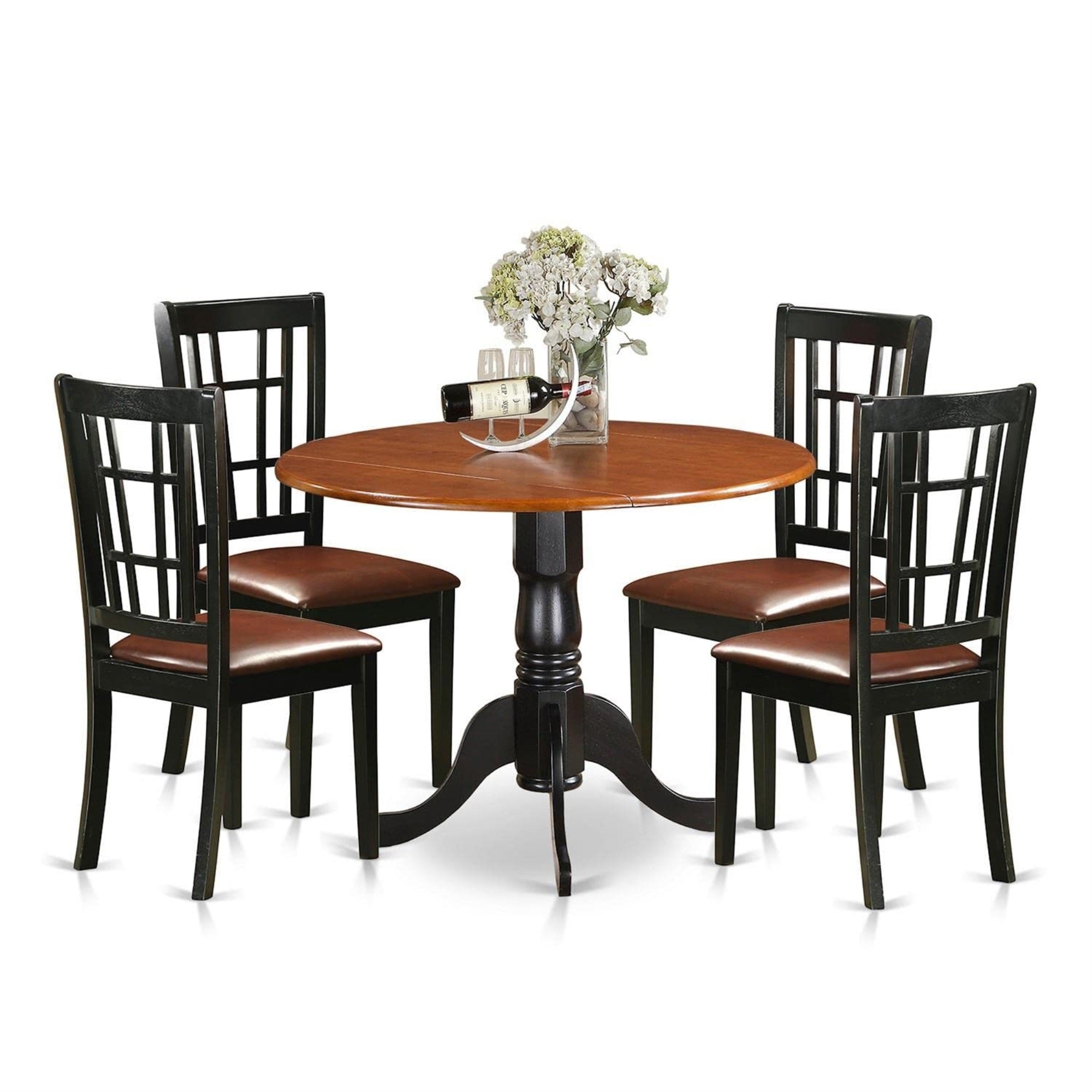 Casafoyer Dlni5-Bch-Lc 5 Piece Dining Room Furniture Set Includes A Round Kitchen Table With Dropleaf And 4 Faux Leather Upholstered Dining Chairs, 42X42 Inch, Black & Cherry