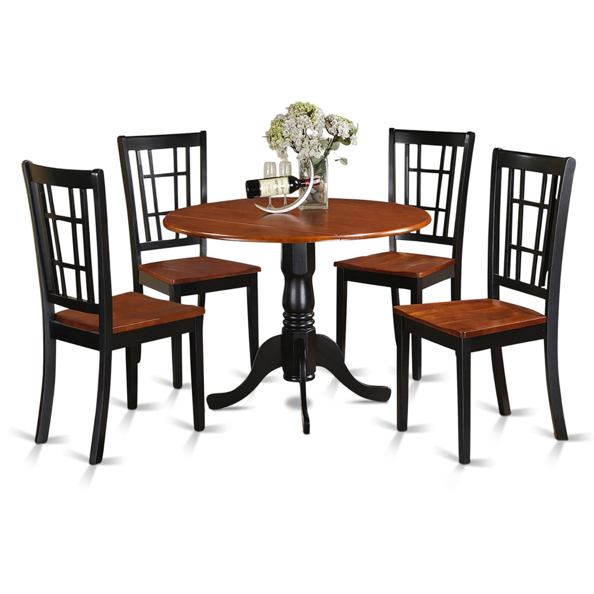 Ergode Dlni5-Bch-W, 5 Piece Dining Table Set, Asian Wood, Black & Cherry Finish, Round Tabletop, 4 Chairs, 42X42 Inch