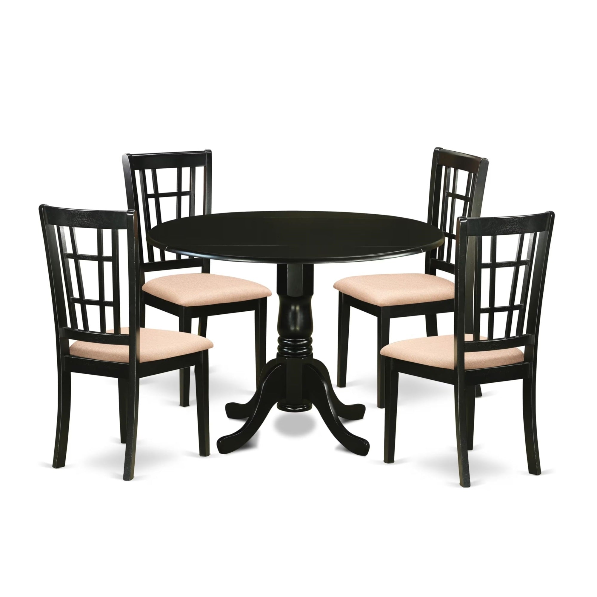 Casafoyer Dlni5-Blk-C 5 Piece Modern Dining Table Set Includes A Round Wooden Table With Dropleaf And 4 Linen Fabric Kitchen Dining Chairs, 42X42 Inch, Black