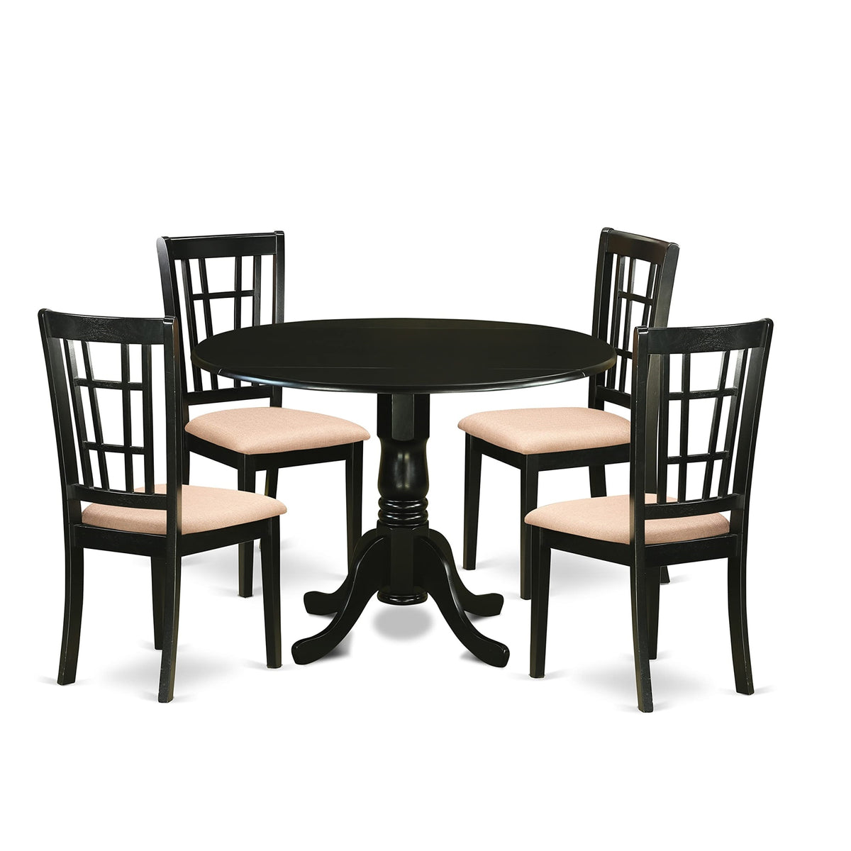 Dlni5-Blk-C Dining Room Set, 5-Piece Modern Round Table With Dropleaf, 4 Linen Fabric Chairs, Asian Rubber Wood, Sleek Black, 42X42 Inch