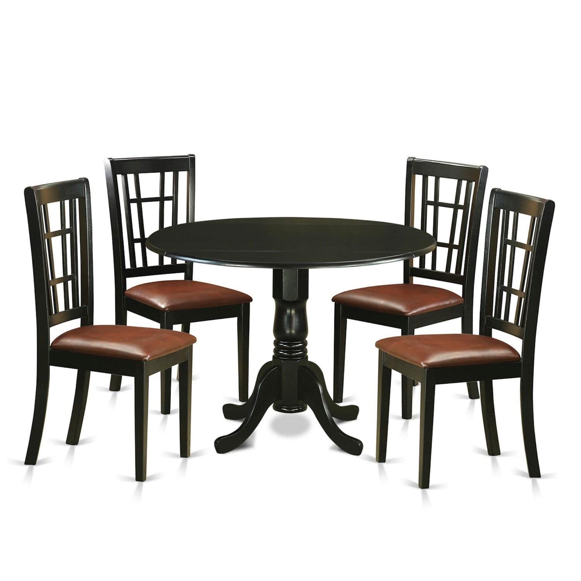Casafoyer Dlni5-Blk-Lc 5 Piece Dining Set Includes A Round Dining Room Table With Dropleaf And 4 Faux Leather Upholstered Kitchen Chairs, 42X42 Inch, Black