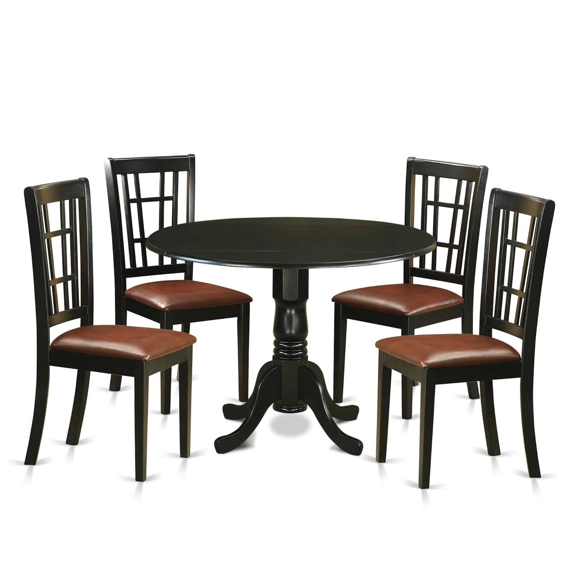 Ergode Dlni5-Blk-Lc, 5-Piece Dinette Set, Round Dining Table & 4 Kitchen Chairs, Asian Wood, Black, Faux Leather Seats, 42X42 Inch
