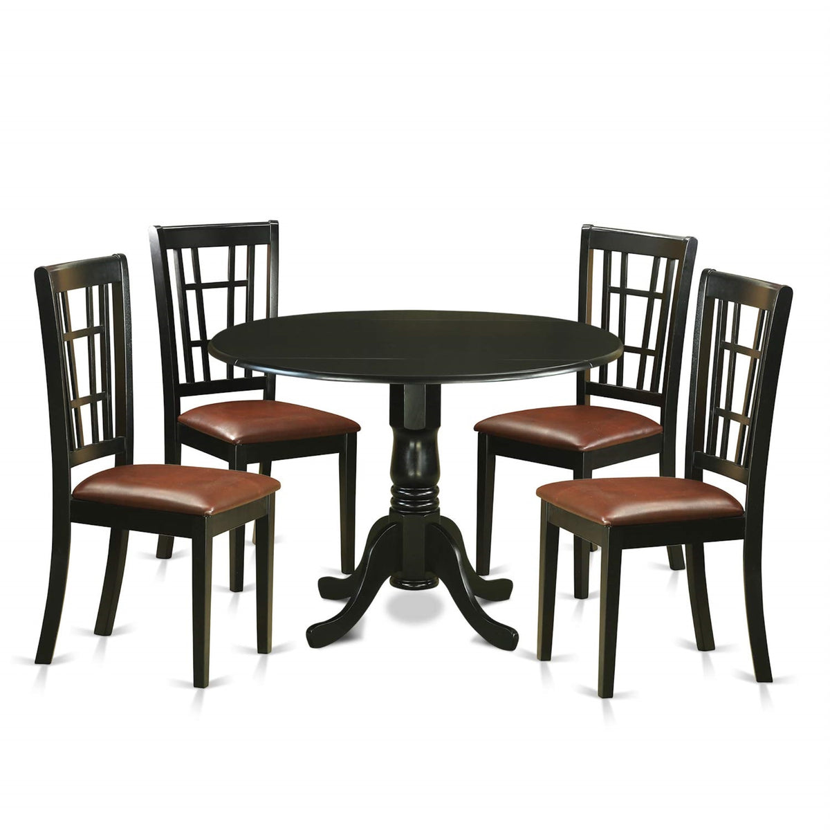 Ergode Dlni5-Blk-Lc, 5-Piece Dinette Set, Round Dining Table & 4 Kitchen Chairs, Asian Wood, Black, Faux Leather Seats, 42X42 Inch