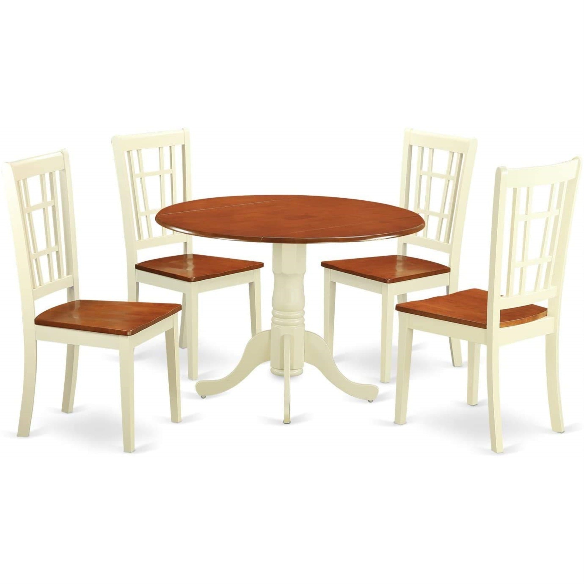 Ergode Dlni5-Bmk-W Dining Table Set, 5-Piece Mid-Century Modern, Asian Wood Construction, Cherry Table Color, Buttermilk Chair Color, Slatted Back Design, Seats 4, 42X42 Inch Table, 20X17X39 Inch Chairs