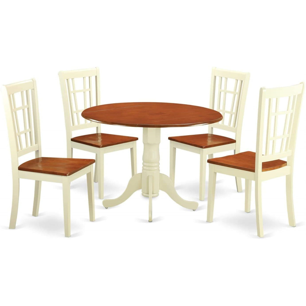 Ergode Dlni5-Bmk-W Dining Table Set, 5-Piece Mid-Century Modern, Asian Wood Construction, Cherry Table Color, Buttermilk Chair Color, Slatted Back Design, Seats 4, 42X42 Inch Table, 20X17X39 Inch Chairs