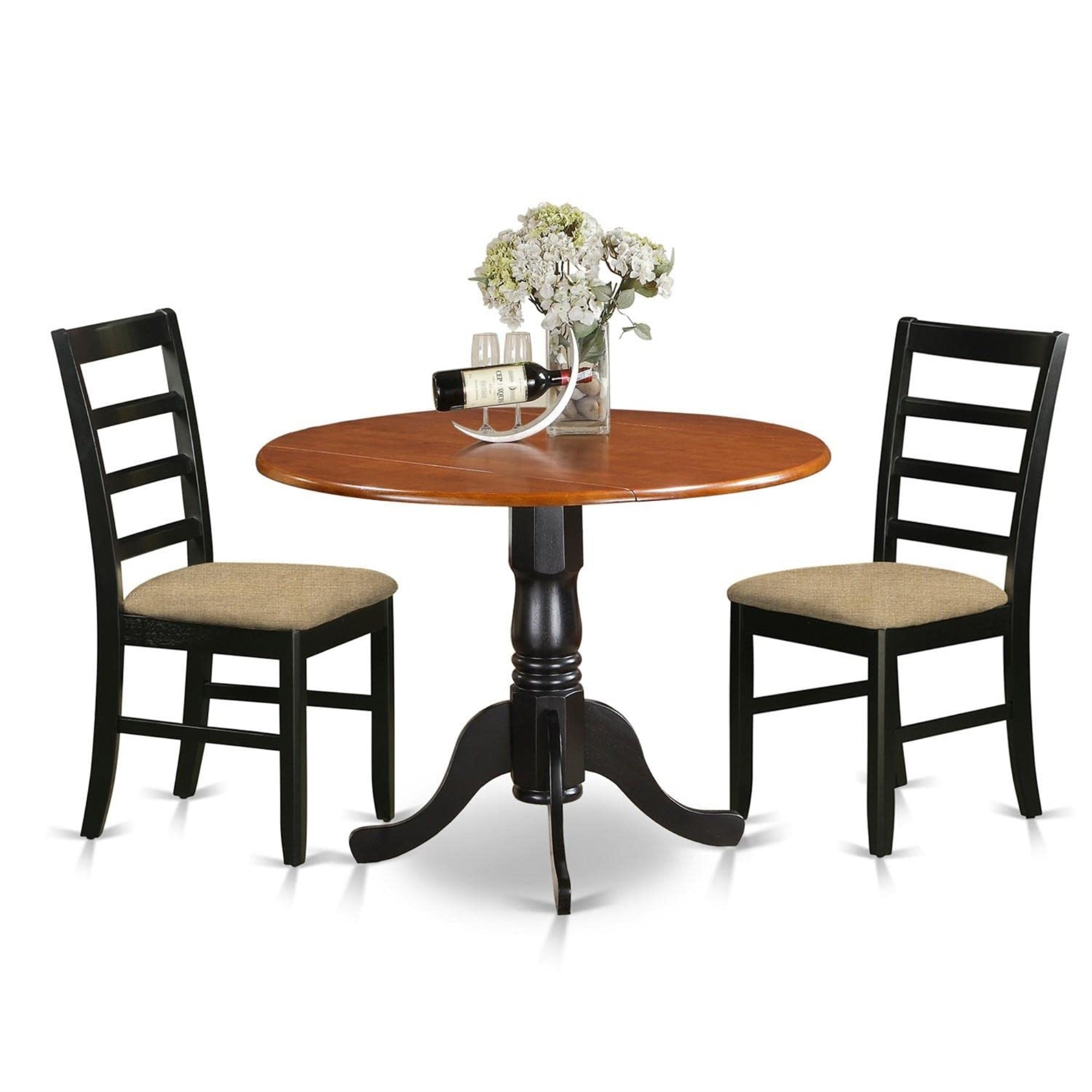 Casafoyer Dlpf3-Bch-C 3 Piece Dining Set Contains A Round Dining Room Table With Dropleaf And 2 Linen Fabric Upholstered Kitchen Chairs, 42X42 Inch, Black & Cherry