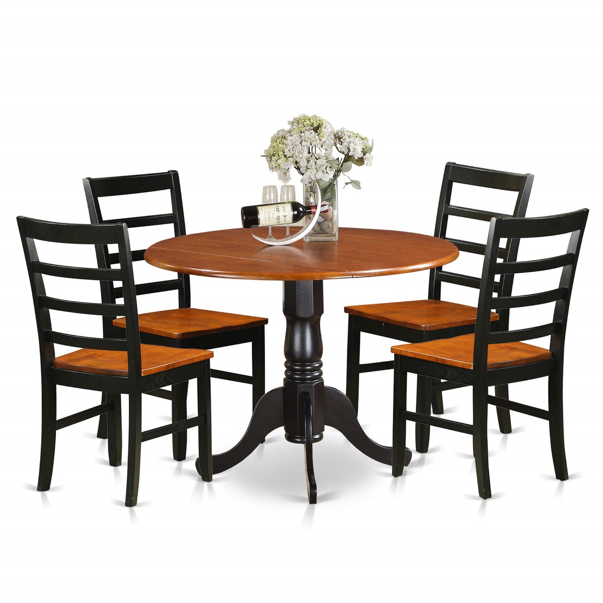 Ergode Dlpf5-Bch-W, Modern Kitchen Set, 5-Piece Dining Set, Cherry Tabletop, Black Pedestal Legs, Linen Fabric Seats, Asian Wood, Seats 4, 42X42 Inch