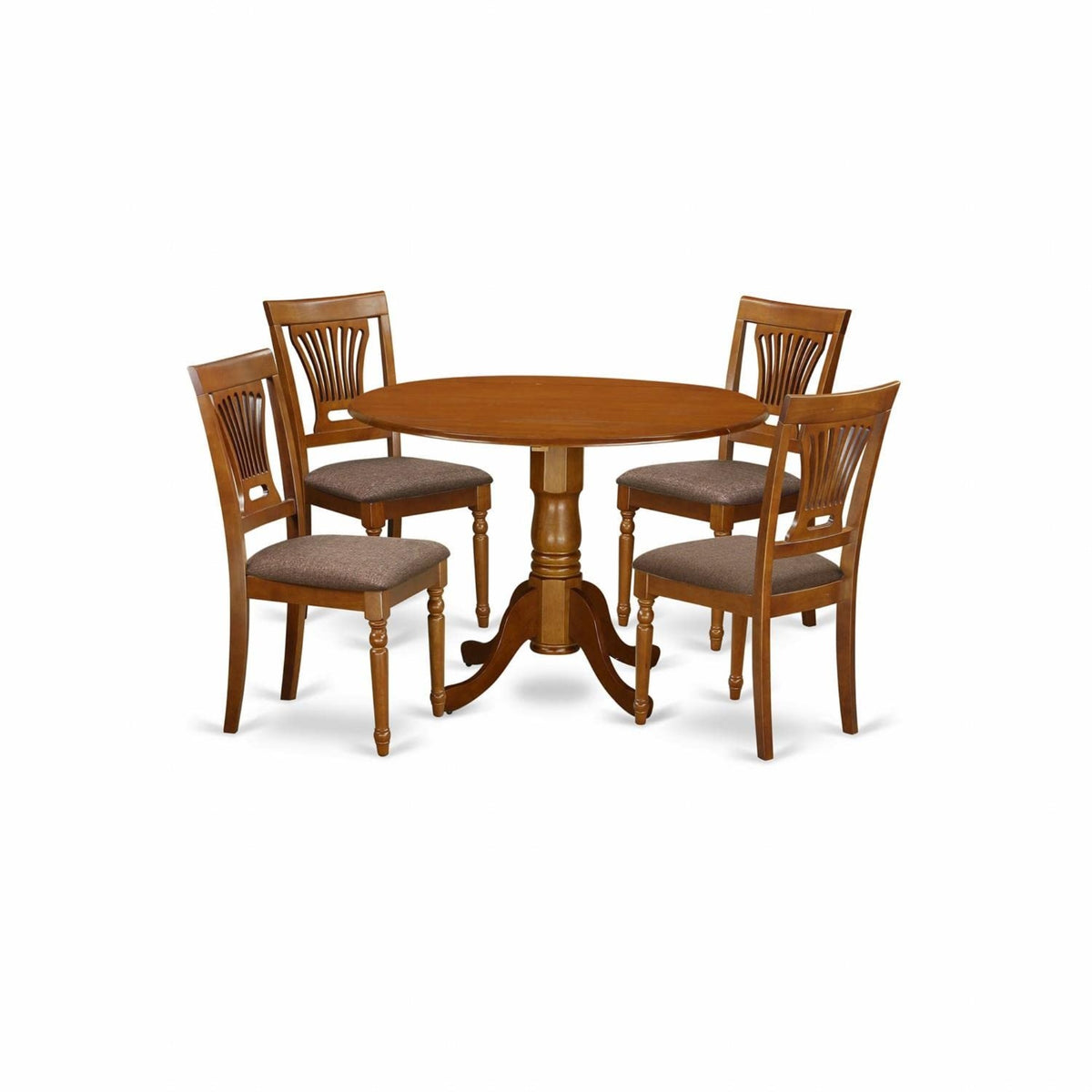 Casafoyer Dublin 5 Piece Set Includes A Round Dining Room Table With Dropleaf And 4 Linen Fabric Upholstered Chairs, 42X42 Inch, Saddle Brown