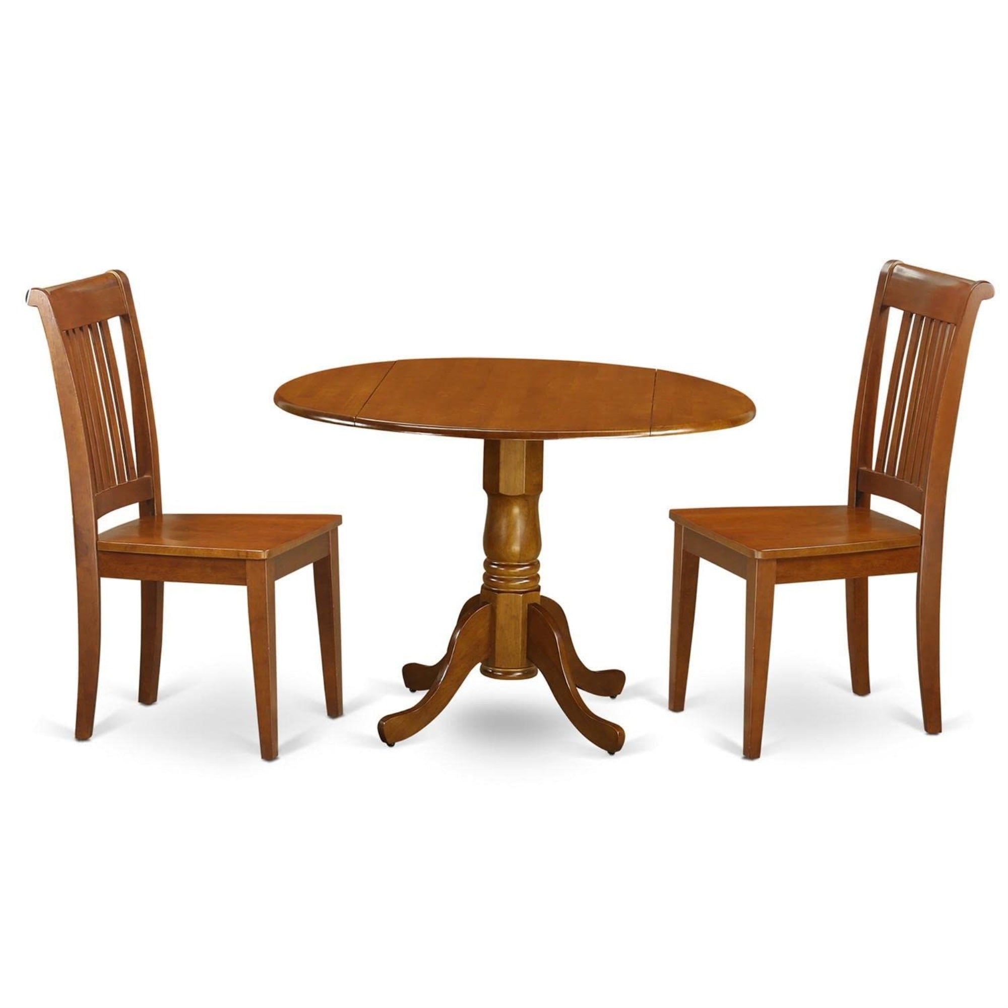 Casafoyer Dlpo3-Sbr-W Dublin 3 Piece Kitchen Set For Small Spaces Contains A Round Dining Room Table With Dropleaf And 2 Solid Wood Seat Chairs, 42X42 Inch, Saddle Brown