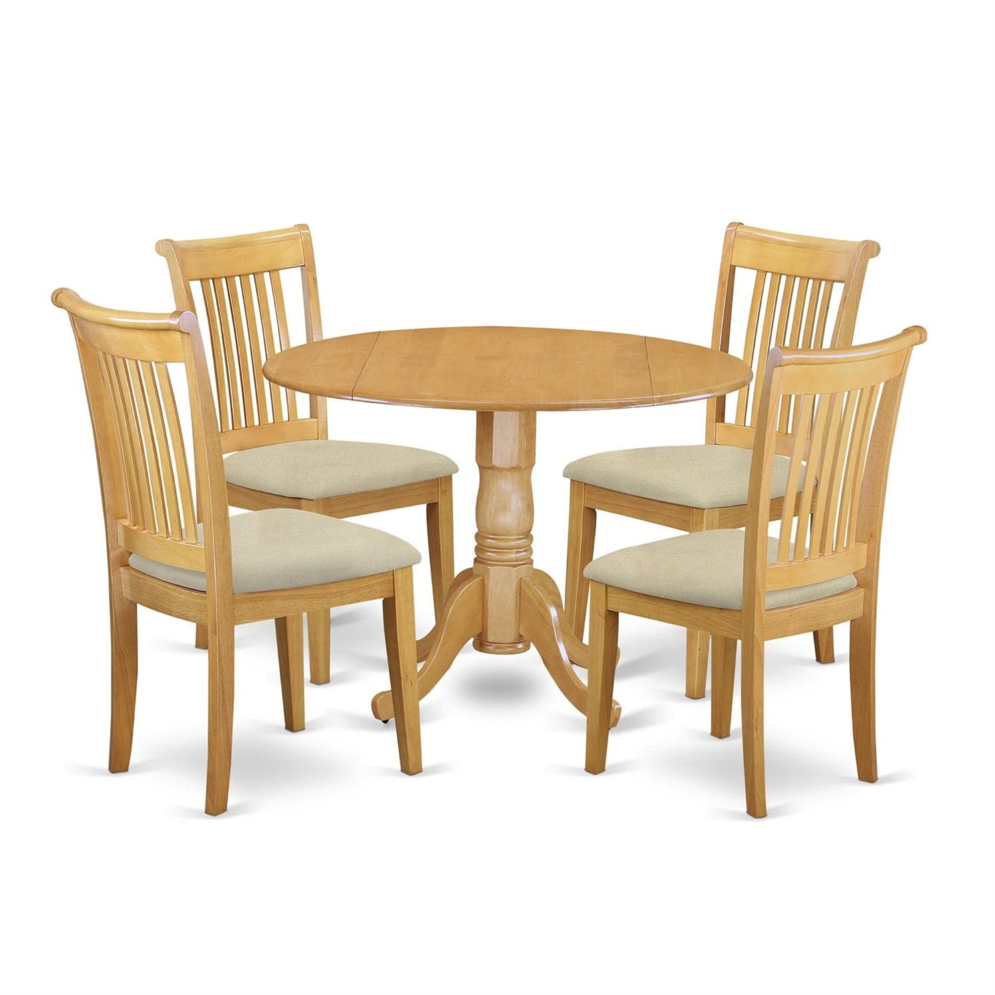 Casafoyer Dlpo5-Oak-C Dublin 5 Piece Dinette Set For 4 Includes A Round Room Table With Dropleaf And 4 Linen Fabric Upholstered Dining Chairs, 42X42 Inch, Oak