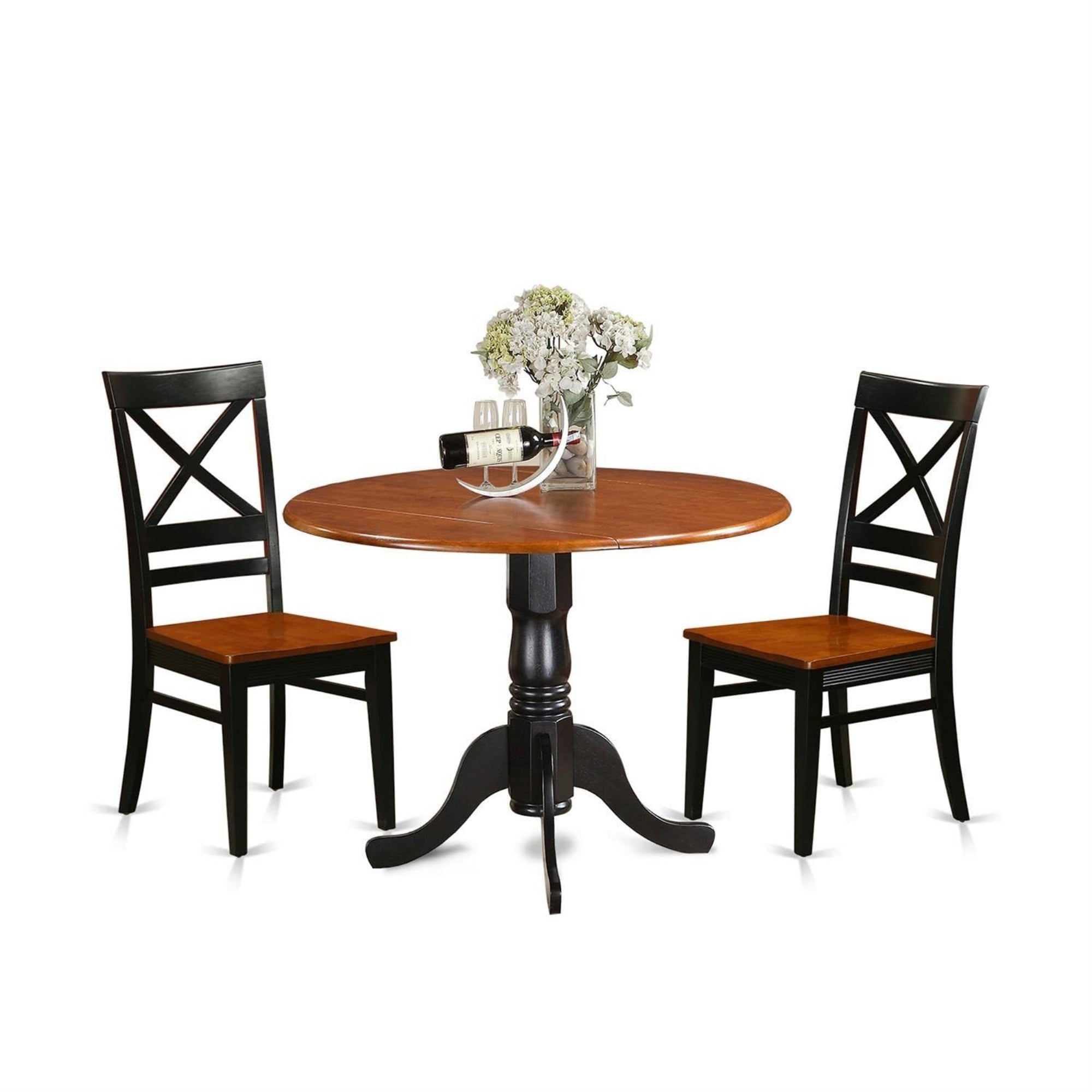 Casafoyer Dlqu3-Bch-W Dublin 3 Piece Set Contains A Round Dining Table With Dropleaf And 2 Kitchen Chairs, 42X42 Inch, Black & Cherry