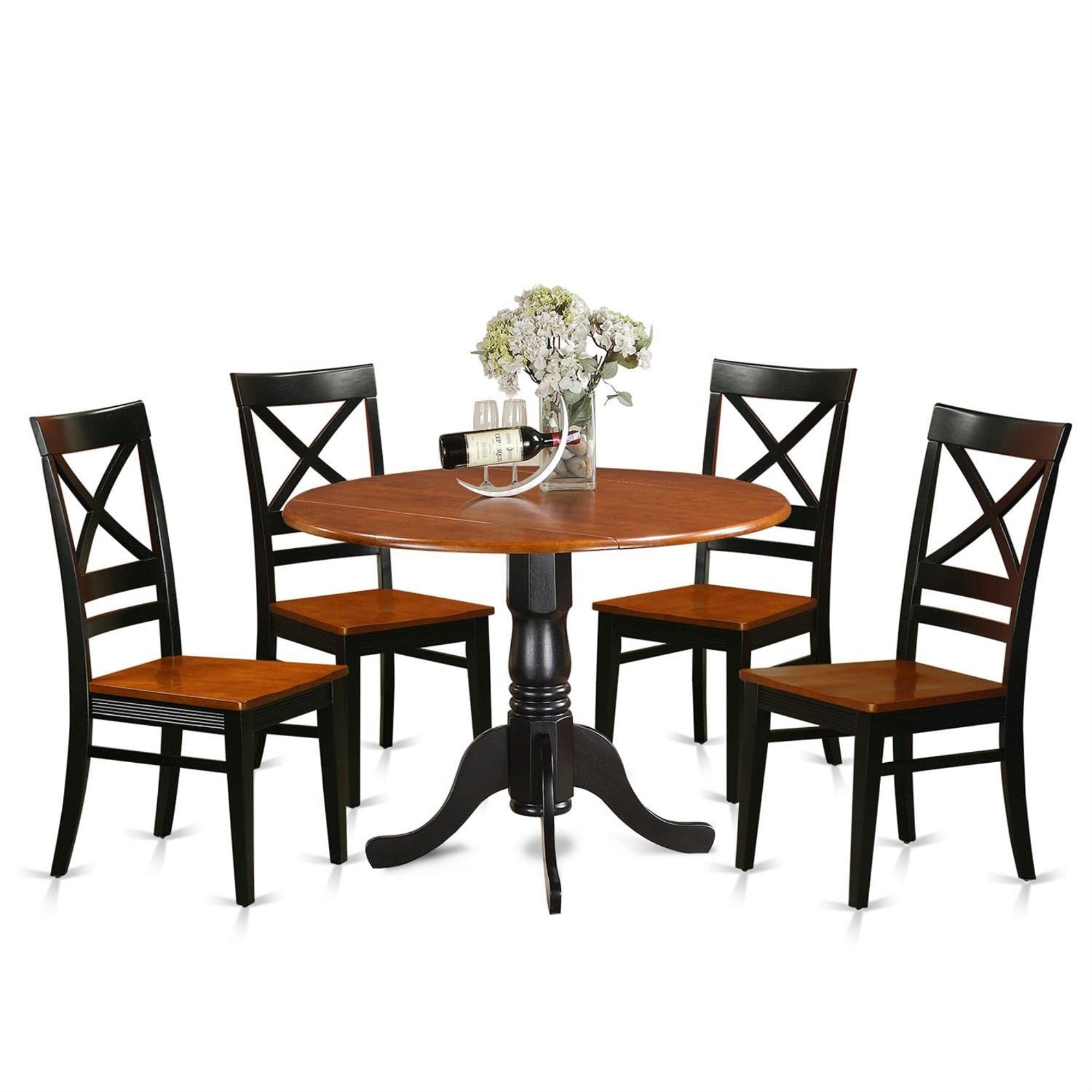 Casafoyer Dlqu5-Bch-W Dublin 5 Piece Room Furniture Set Includes A Round Kitchen Table With Dropleaf And 4 Dining Chairs, 42X42 Inch, Black & Cherry