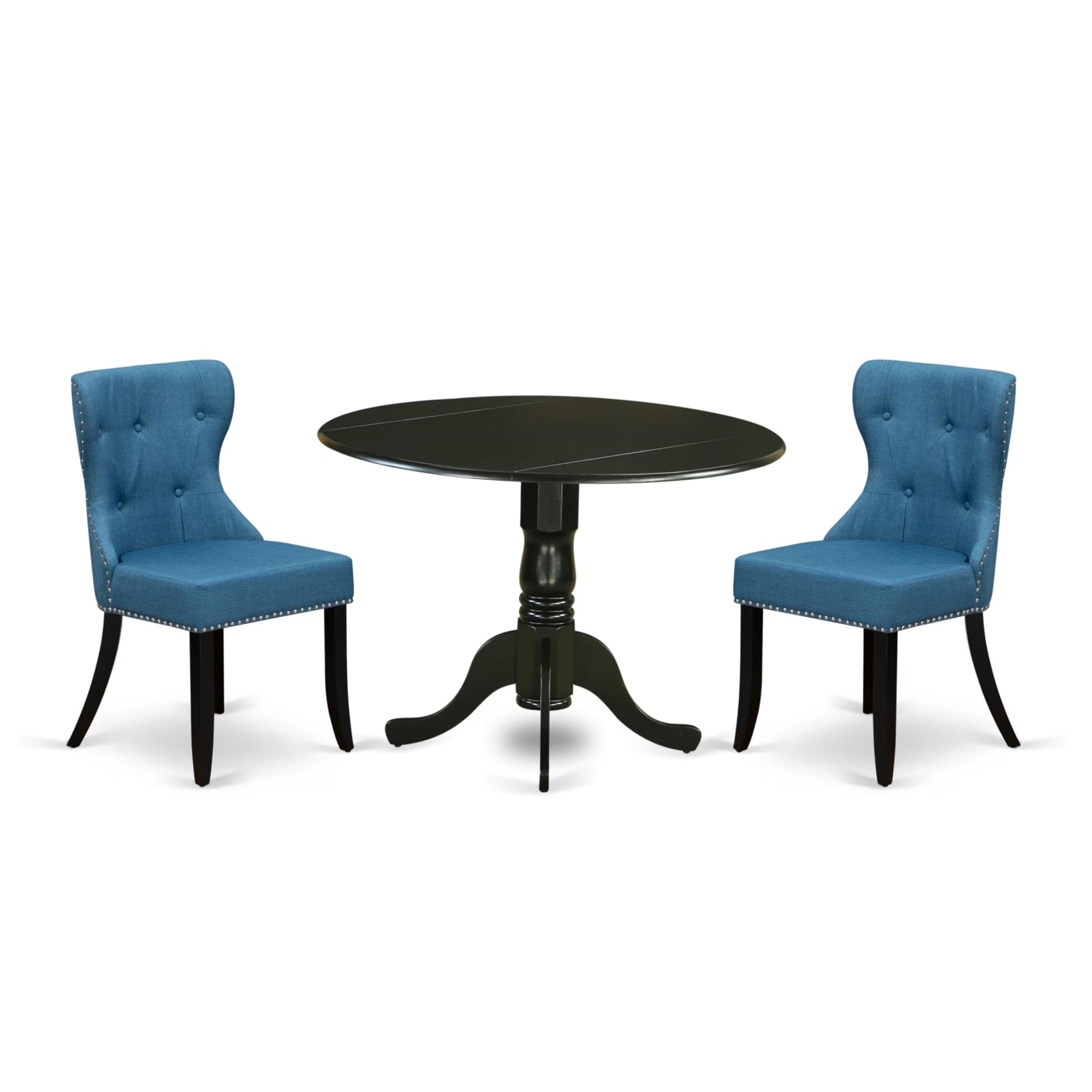 Casafoyer Dlsi3-Blk-21 3 Piece Dining Table Set For Small Spaces Contains A Round Dining Room Table With Dropleaf And 2 Blue Linen Fabric Parsons Chairs, 42X42 Inch, Black