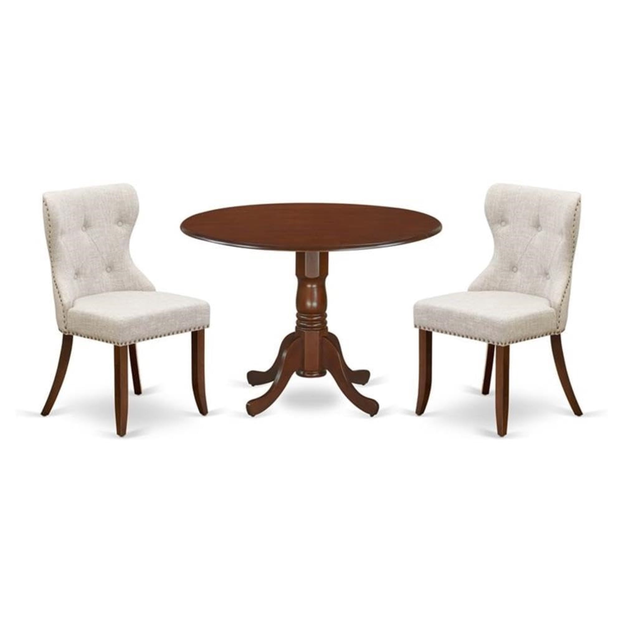 Casafoyer Dlsi3-Mah-35 3 Piece Kitchen Table Set Contains A Round Dining Table With Dropleaf And 2 Doeskin Linen Fabric Parson Dining Room Chairs, 42X42 Inch, Mahogany