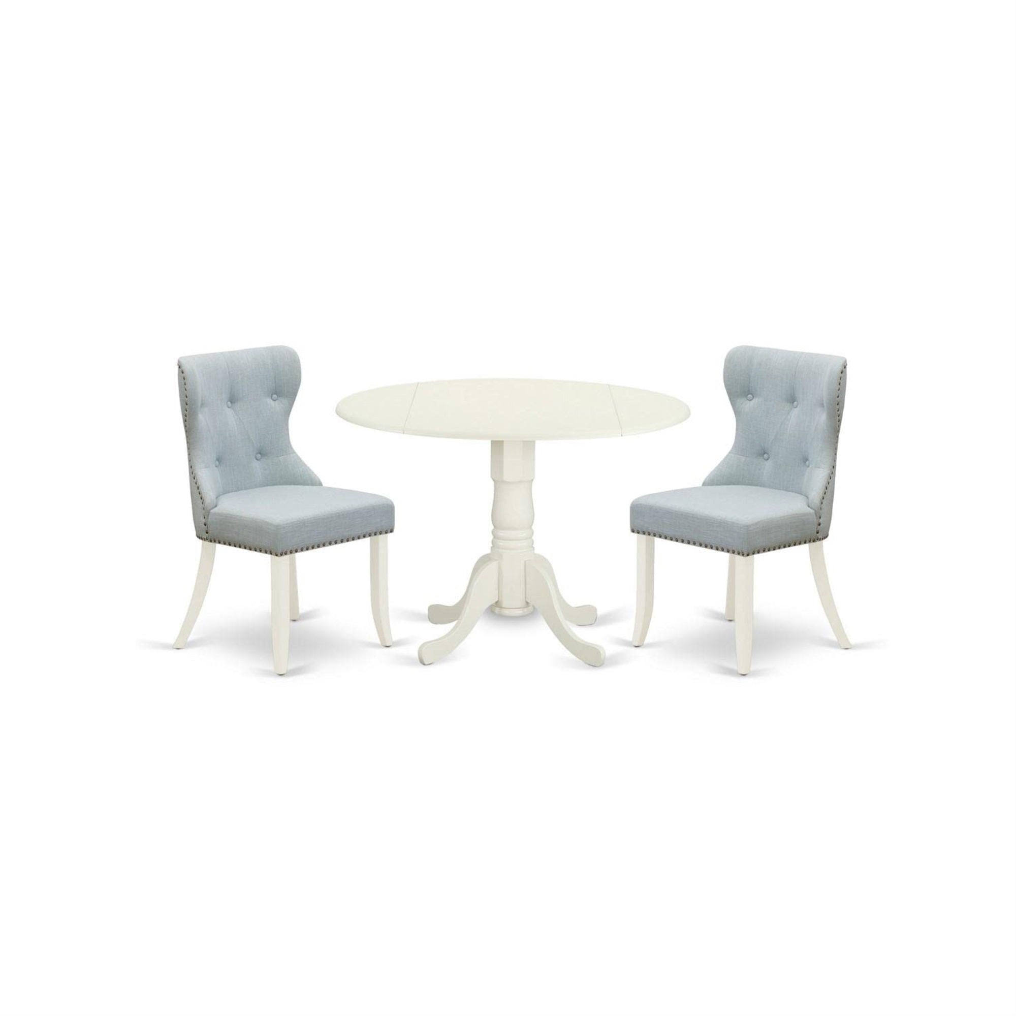 Casafoyer Dlsi3-Whi-15 3 Piece Dining Room Furniture Set Contains A Round Dining Table With Dropleaf And 2 Baby Blue Linen Fabric Upholstered Chairs, 42X42 Inch, Linen White