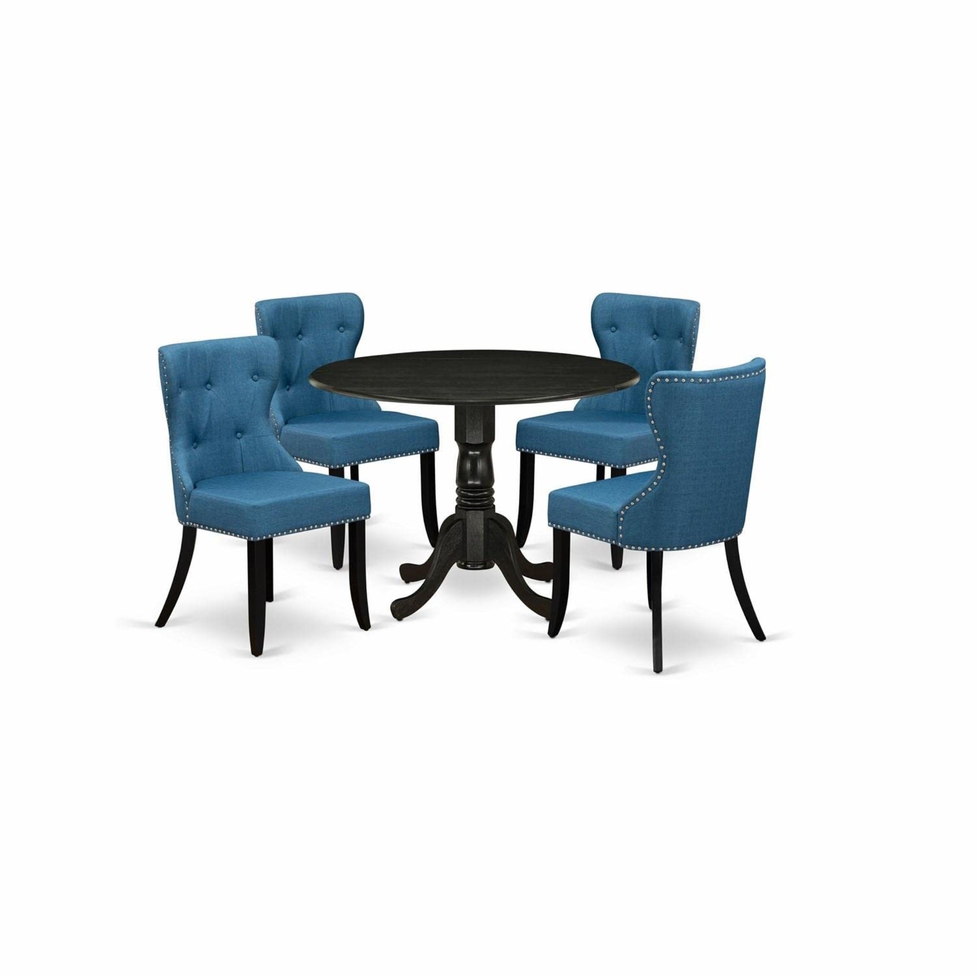 Casafoyer Dlsi5-Abk-21 5 Piece Kitchen Table & Chairs Set Includes A Round Dining Room Table With Dropleaf And 4 Blue Linen Fabric Upholstered Chairs, 42X42 Inch, Wirebrushed Black