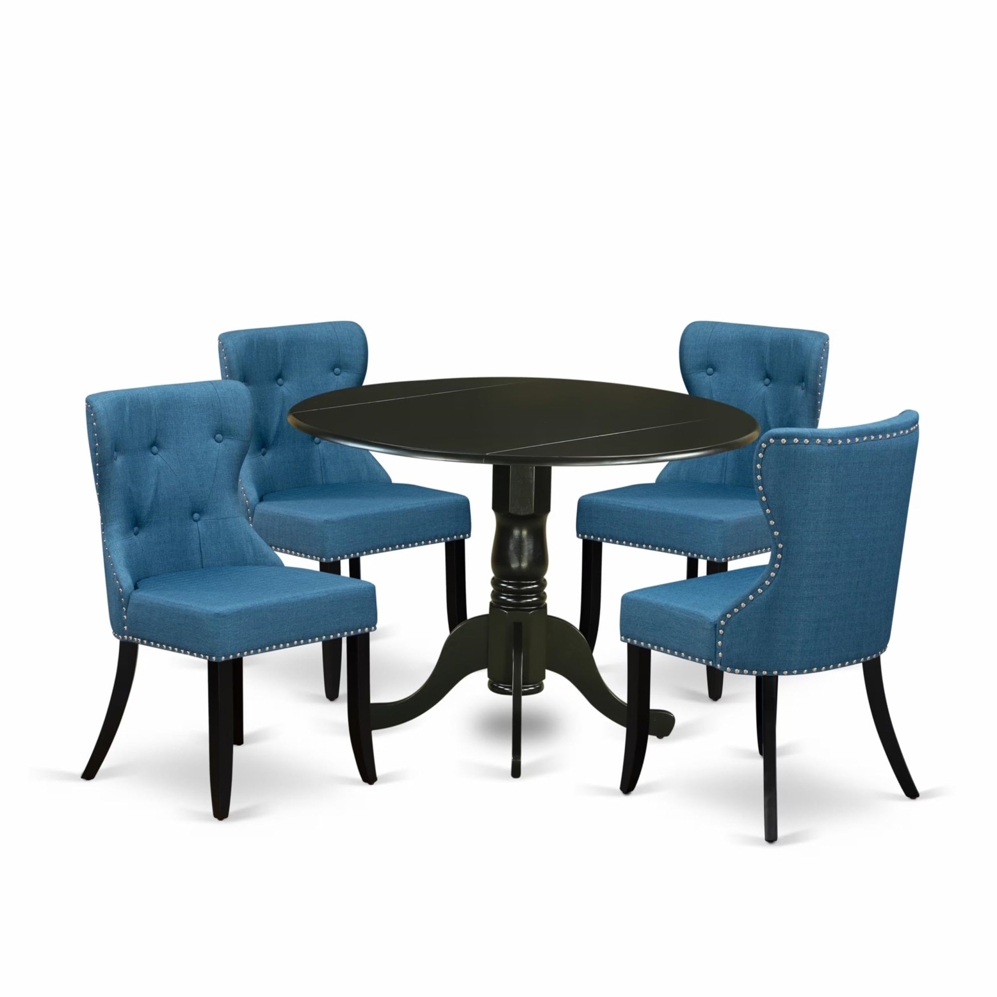 Casafoyer Dlsi5-Blk-21 Kitchen Dining Set - 4 Wonderful Kitchen Chairs With Mineral Blue Linen Fabric Seat And Two 9 Drop Leaf Round Dining Room Table (Black Finish)