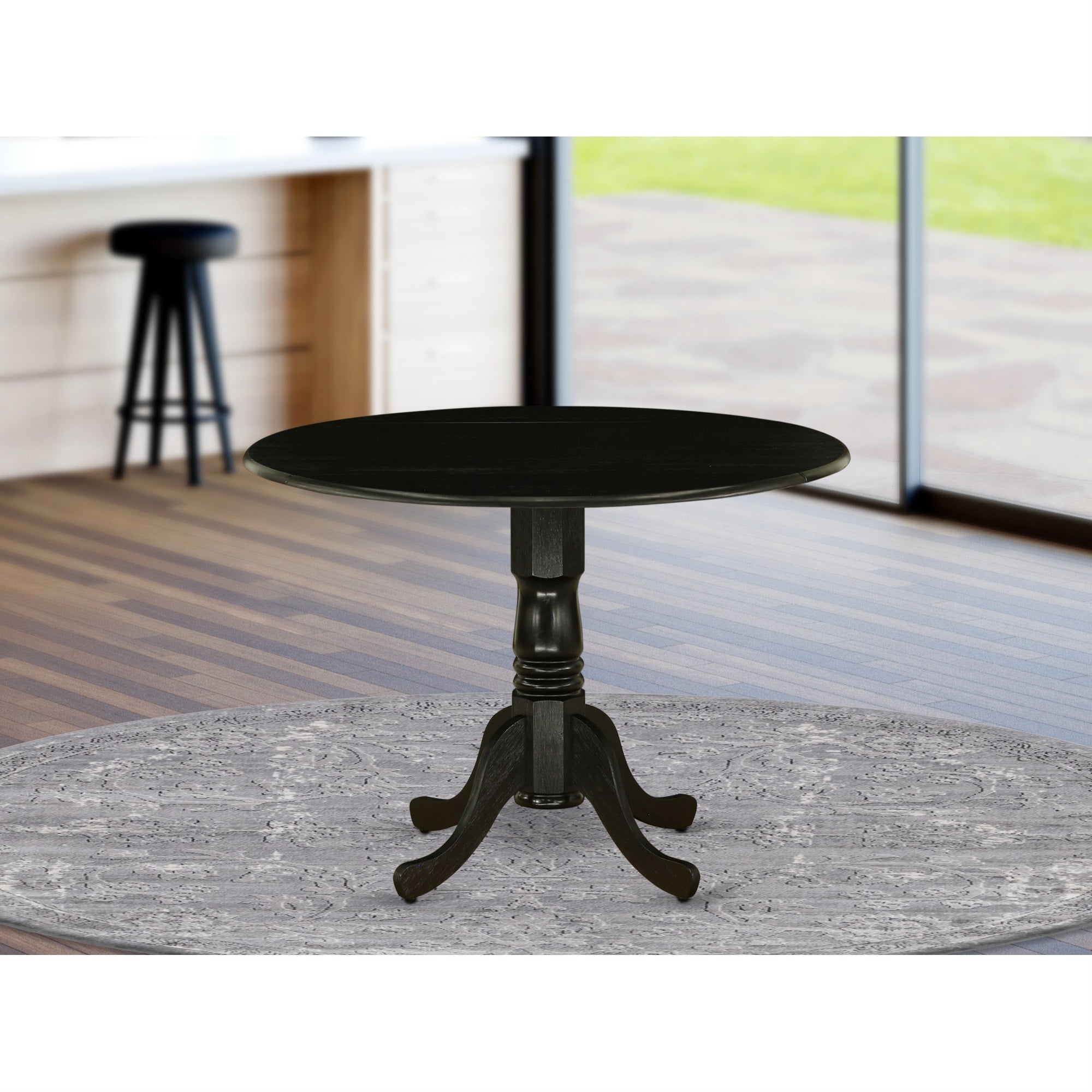 Ergode Dlsi5-Blk-21 Dining Set - 4 Kitchen Chairs In Linen Fabric Mineral Blue & 9' Drop Leaf Round Table In Black