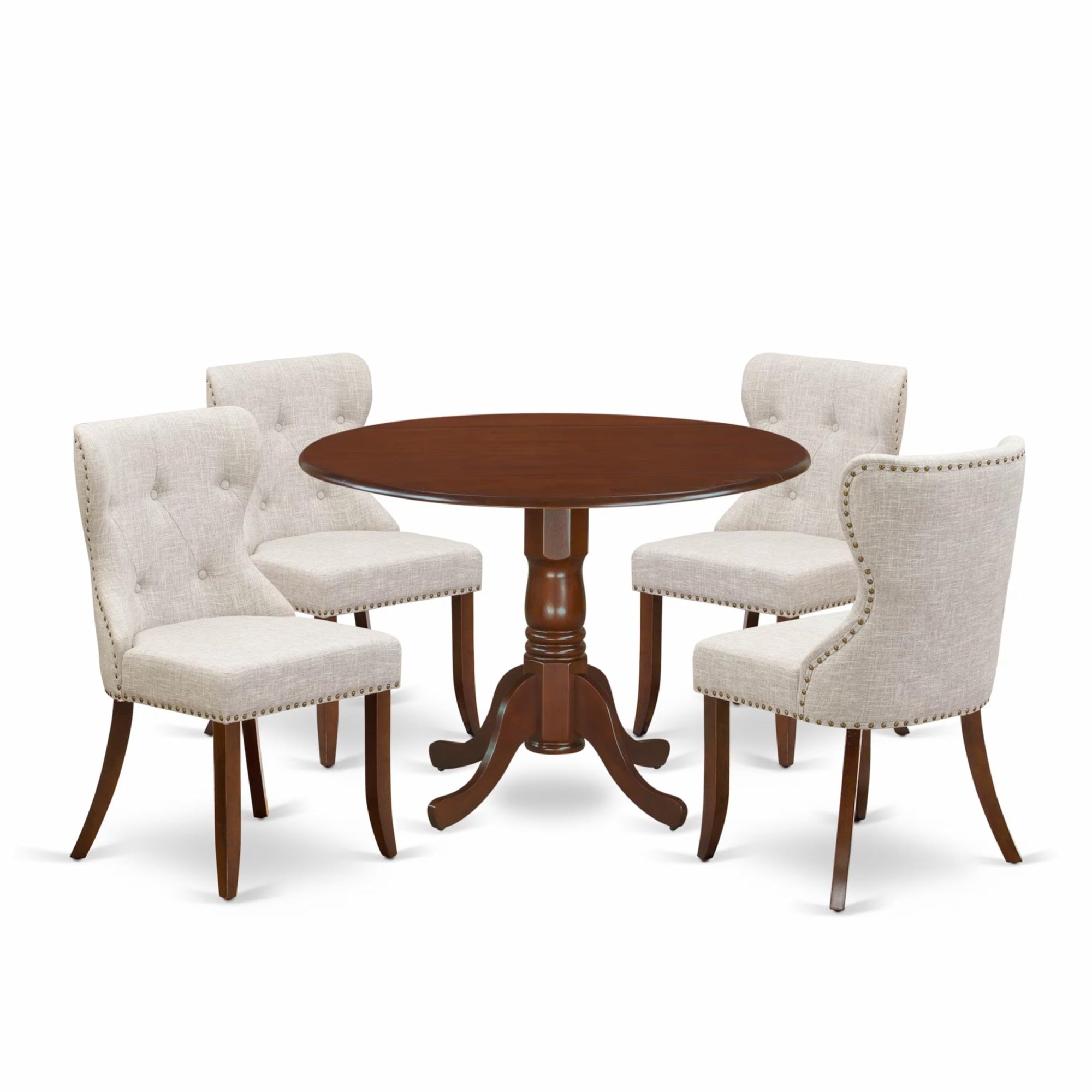 Casafoyer Dlsi5-Mah-35 5 Piece Kitchen Table & Chairs Set Includes A Round Dining Room Table With Dropleaf And 4 Doeskin Linen Fabric Parson Dining Chairs, 42X42 Inch, Mahogany