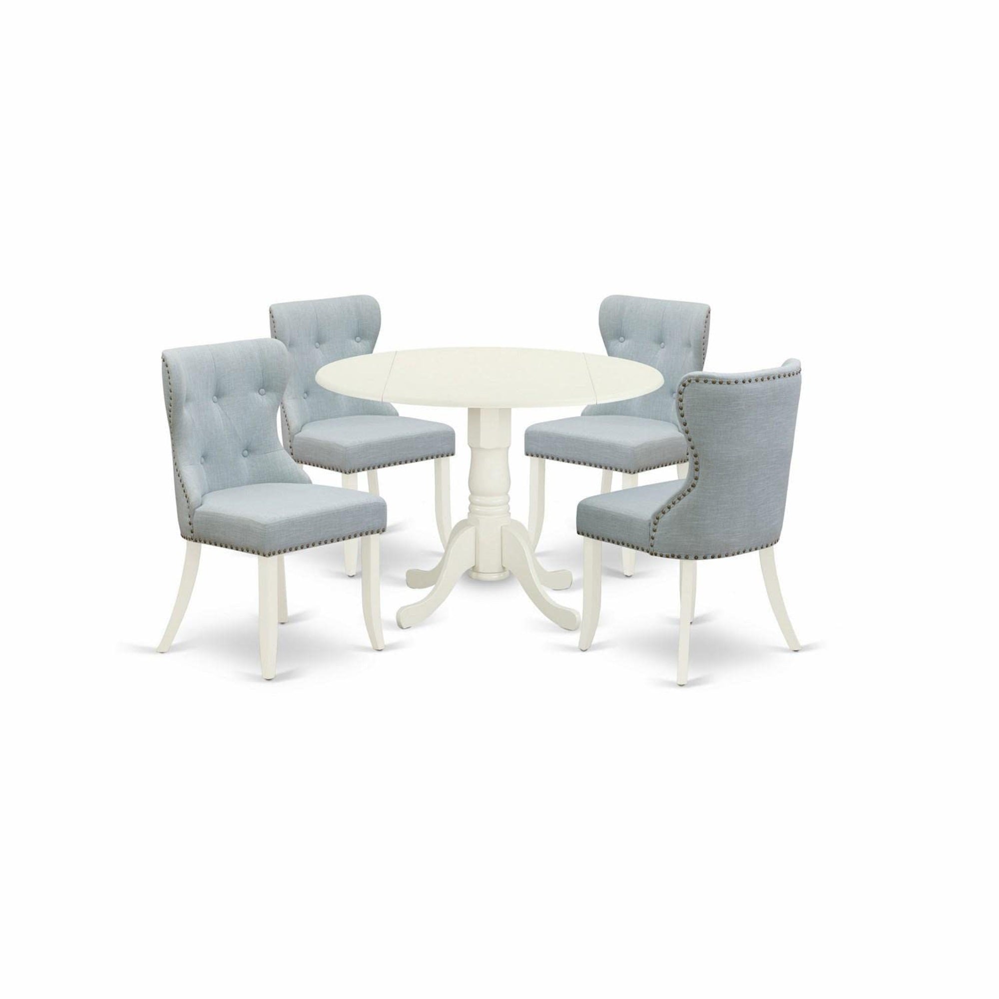 Casafoyer Dlsi5-Whi-15 5 Piece Kitchen Table & Chairs Set Includes A Round Dining Room Table With Dropleaf And 4 Baby Blue Linen Fabric Parsons Chairs, 42X42 Inch, Linen White