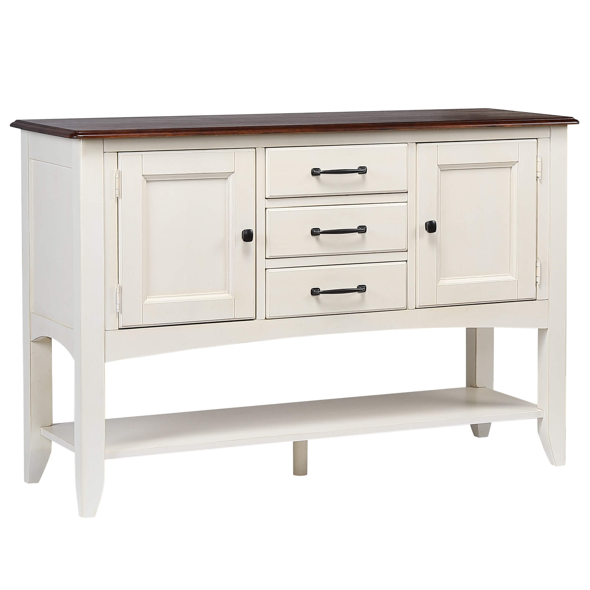 Sunset Trading Andrews Sideboard With Large Display Shelf | 3 Drawers 2 Storage Cabinets | Antique White And Chestnut Brown