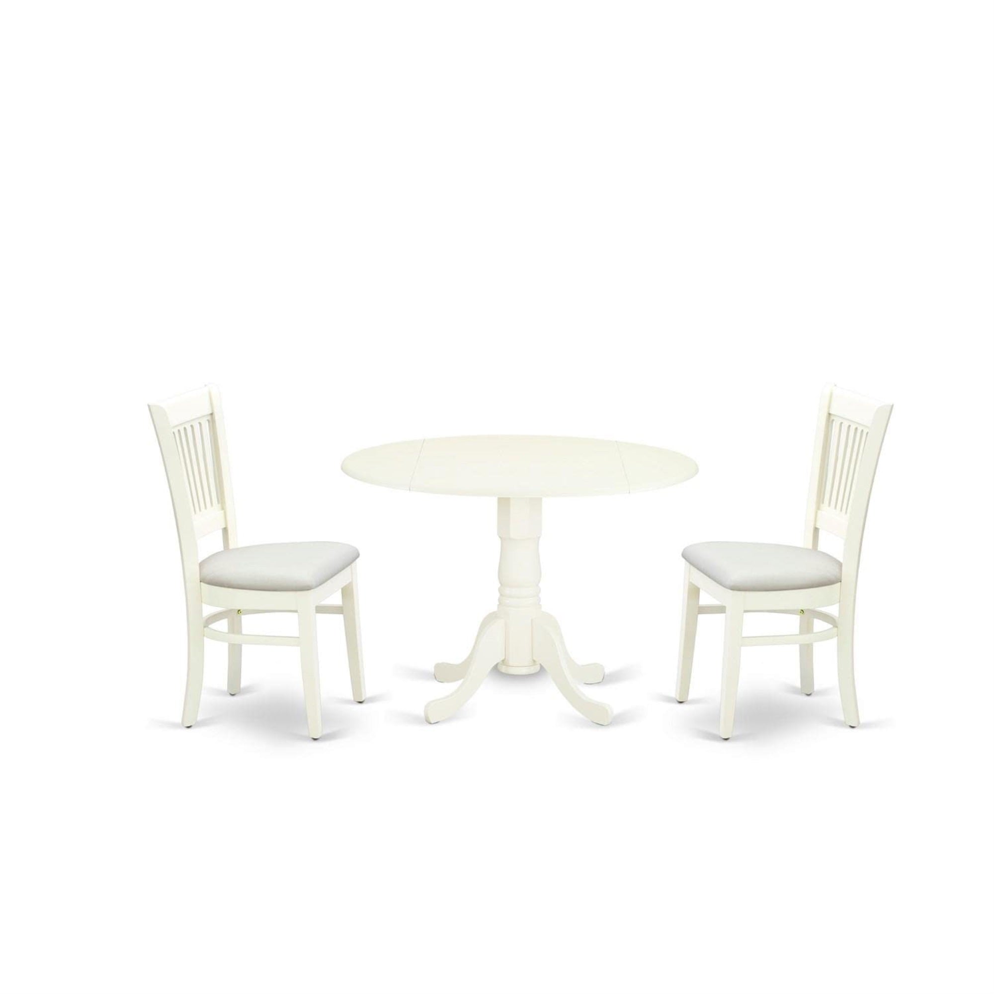 Casafoyer Dublin 3 Piece Modern Set Contains A Round Wooden Table With Dropleaf And 2 Fabric Upholstered Dining Chairs, 42X42 Inch, Linen White