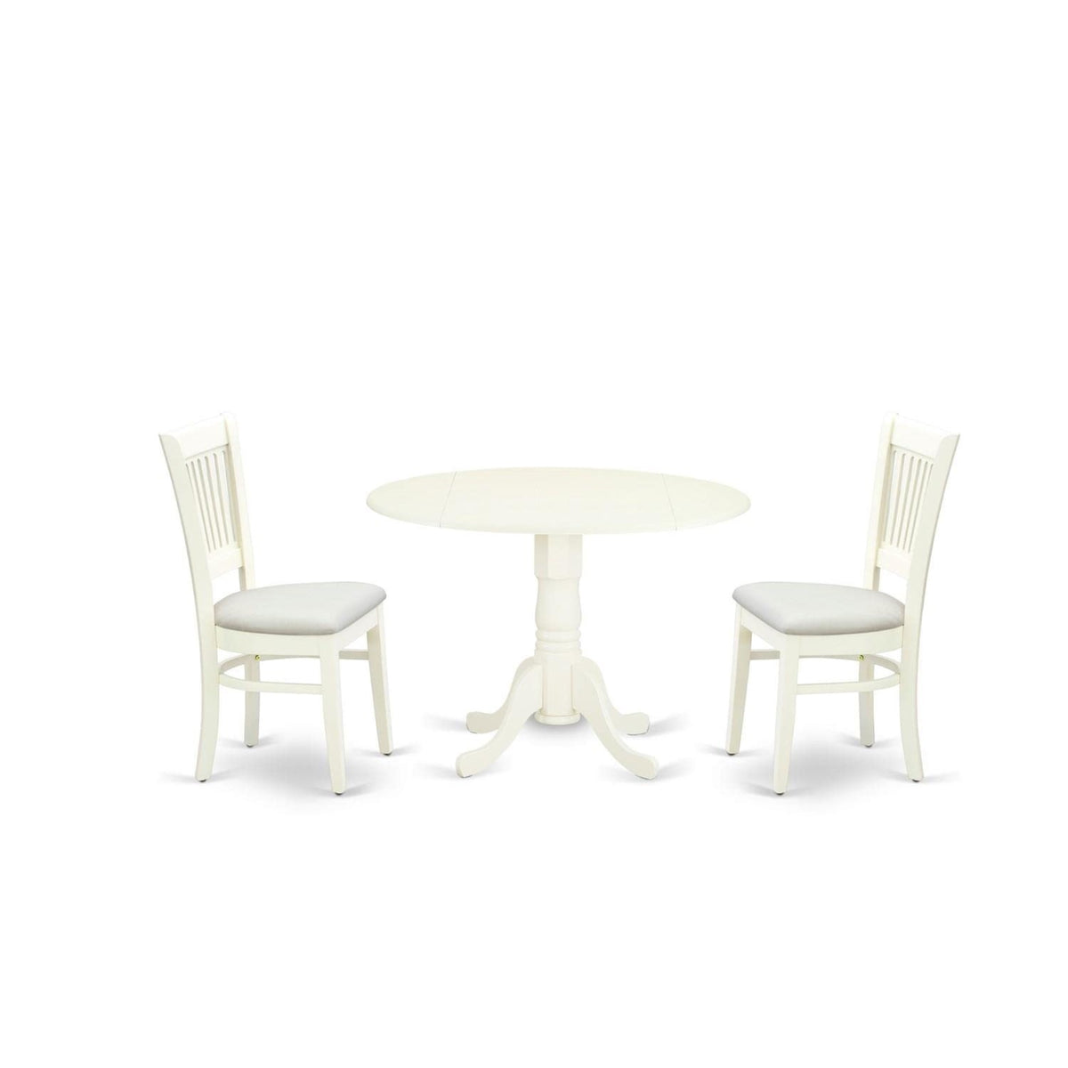 Casafoyer Dublin 3 Piece Modern Set Contains A Round Wooden Table With Dropleaf And 2 Fabric Upholstered Dining Chairs, 42X42 Inch, Linen White
