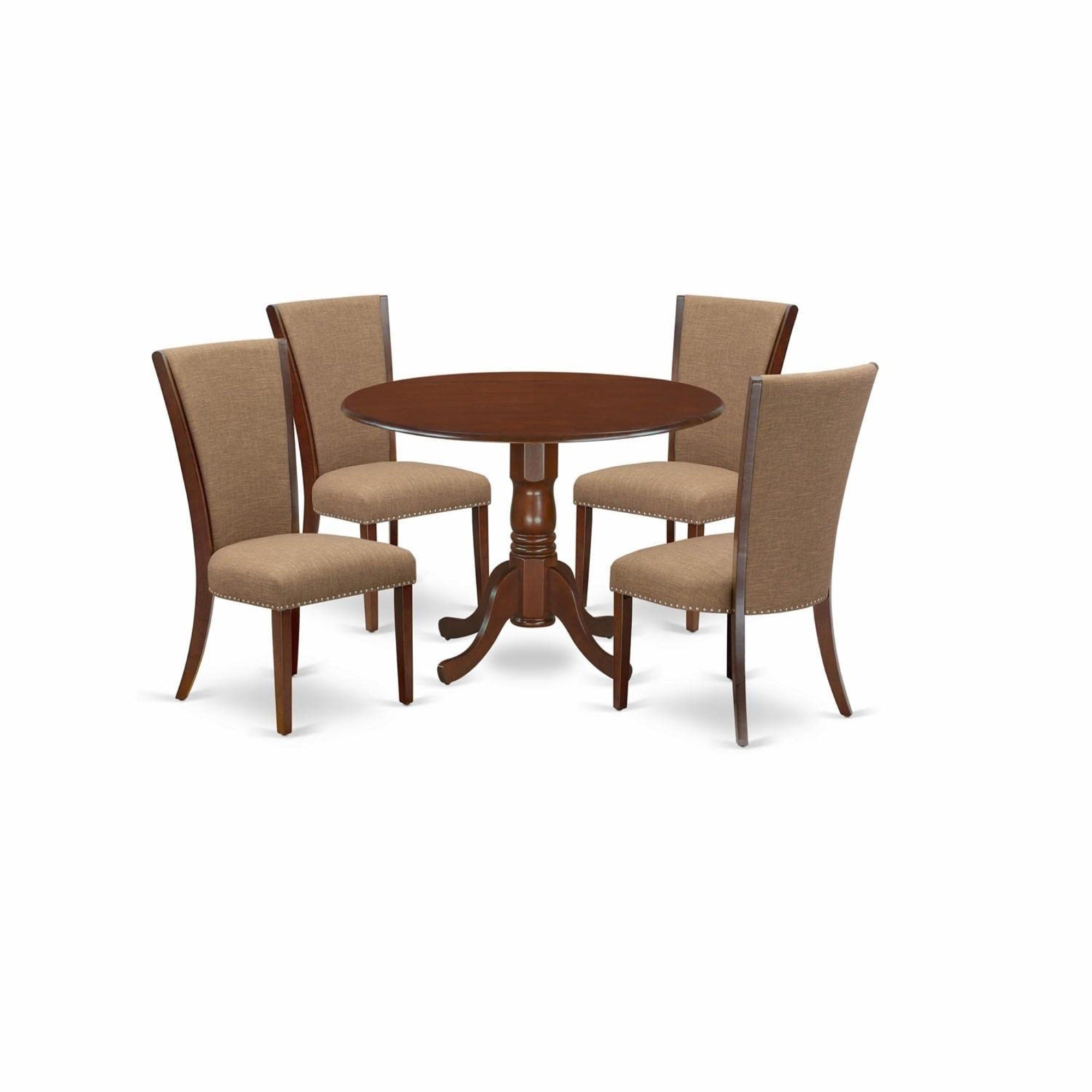 Casafoyer Dlve5-Mah-47 5 Piece Dining Room Table Set Includes A Round Kitchen Table With Dropleaf And 4 Light Sable Linen Fabric Parson Dining Chairs, 42X42 Inch, Linen White