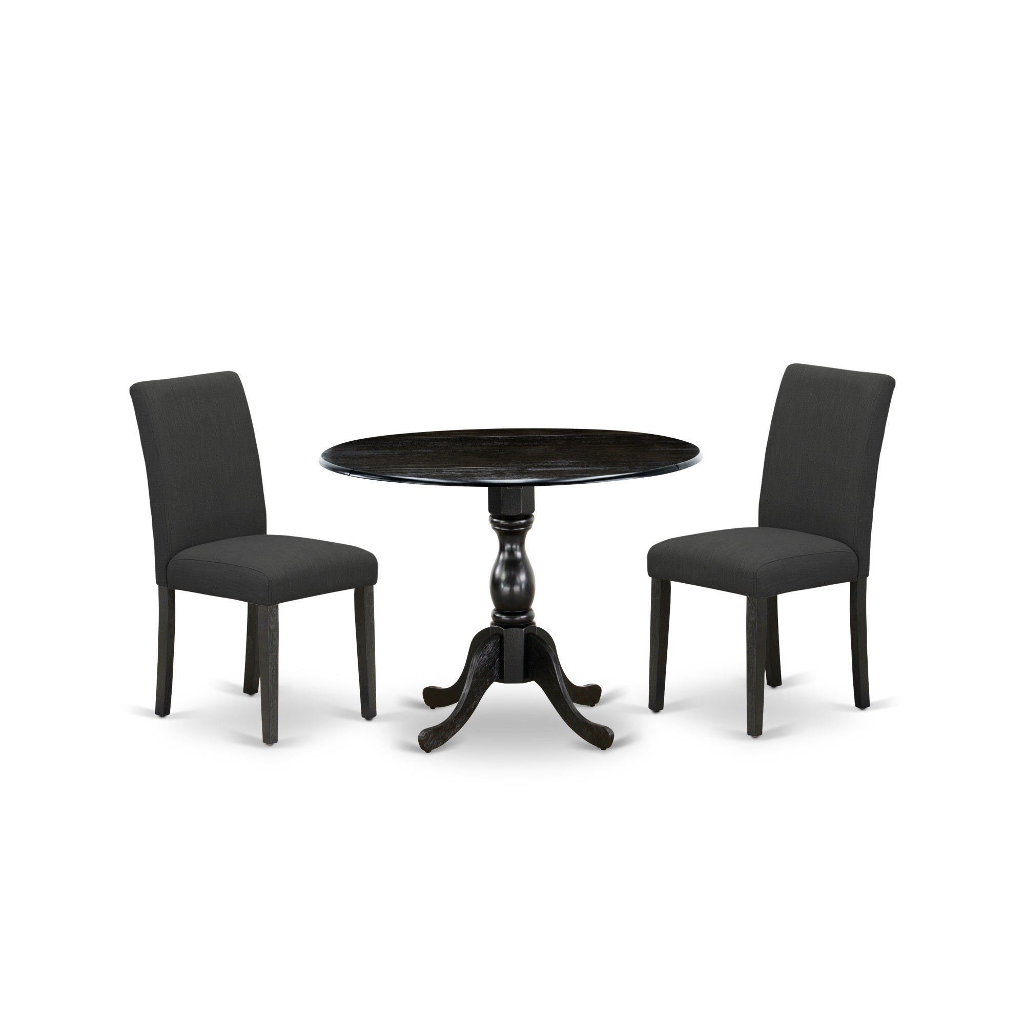 East West Furniture Dmab3-Abk-24 3 Piece Modern Dining Table Set Includes 1 Drop Leaves Dining Room Table And 2 Black Linen Fabric Padded Chair With High Back - Wire Brushed Black Finish