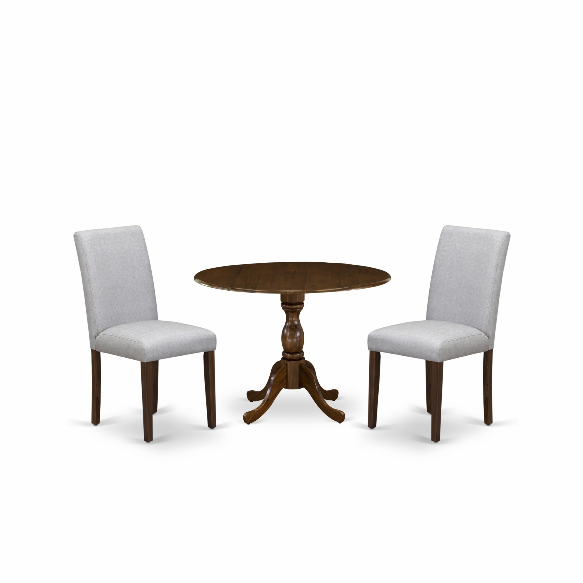 East West Furniture Dmab3-Awa-05 3 Piece Kitchen Table Set Includes 1 Drop Leaves Wood Table And 2 Grey Linen Fabric Parson Dining Room Chairs With High Back - Acacia Walnut Finish