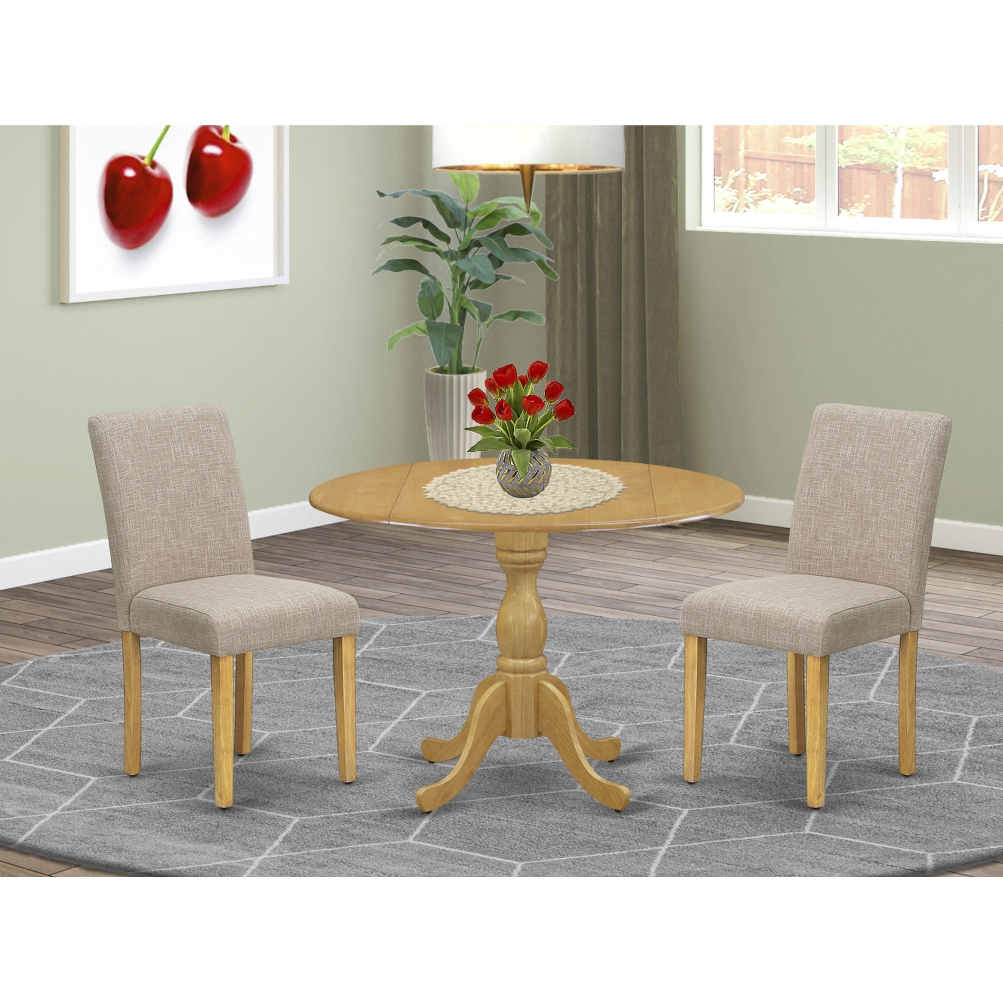 East West Furniture Dmab3-Oak-04 3 Piece Dining Table Set - Oak Small Dining Table And 2 Light Tan Linen Fabric Modern Dining Chairs With High Back - Oak Finish