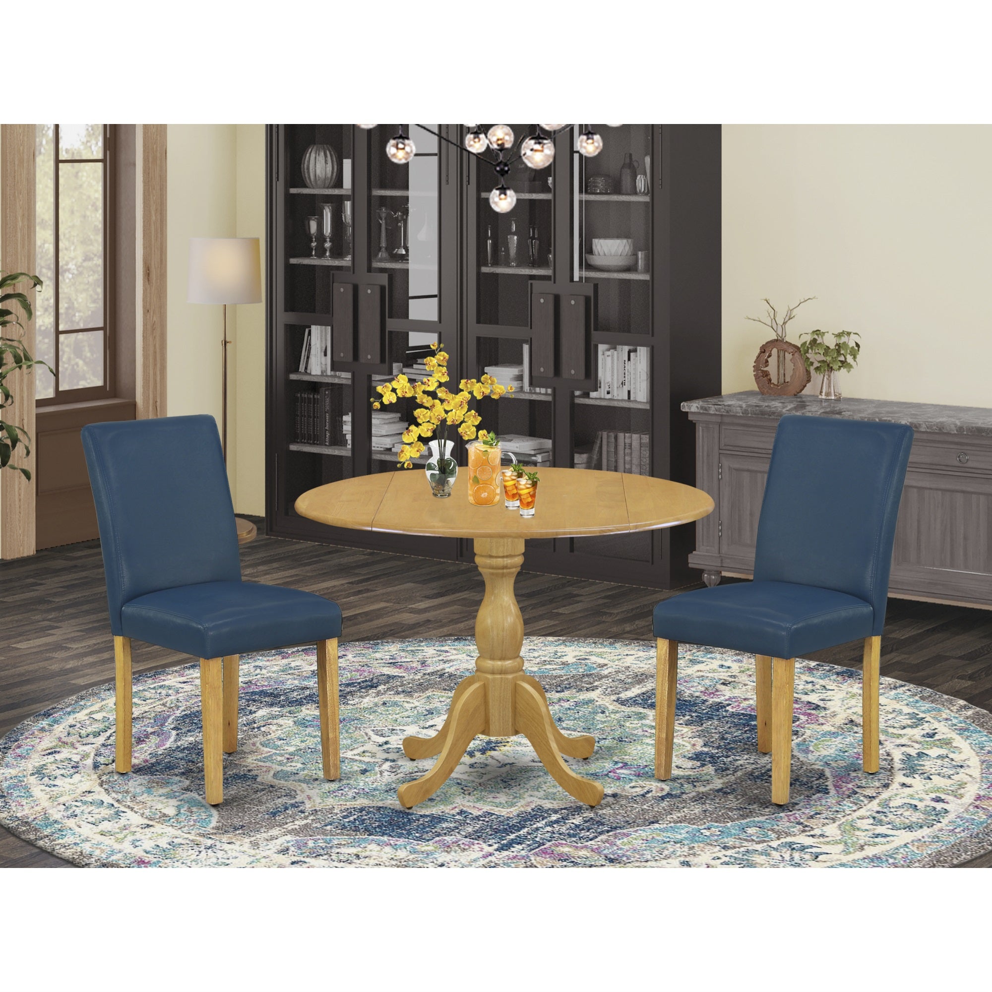 East West Furniture Dmab3-Oak-55 3 Piece Kitchen Table Set - Oak Dining Table And 2 Oasis Blue Pu Leather Dining Room Chairs With High Back - Oak Finish