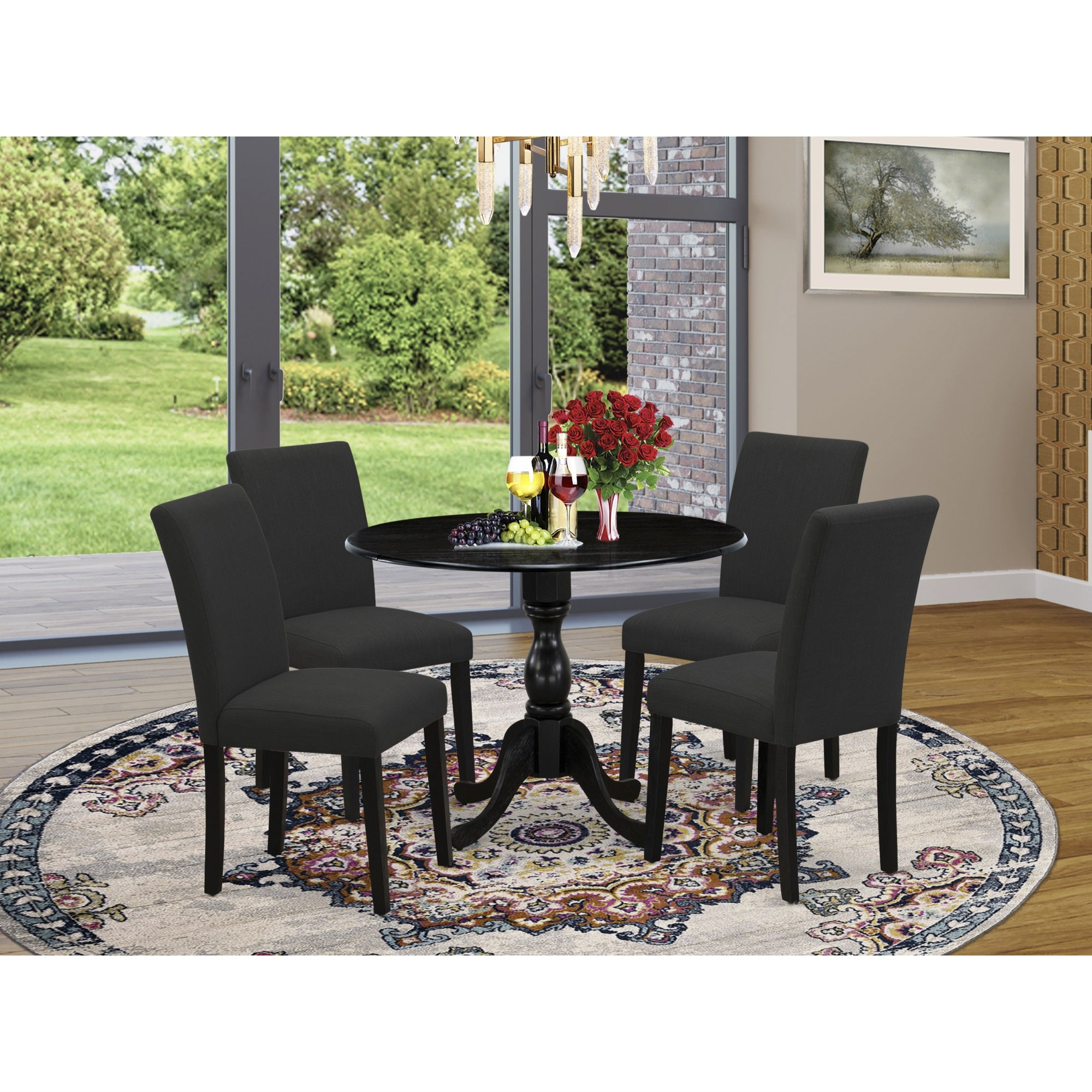 East West Furniture Dmab5-Abk-24 5 Piece Wood Dining Table Set Contains 1 Drop Leaves Dining Room Table And 4 Black Linen Fabric Dining Chair With High Back - Wire Brushed Black Finish
