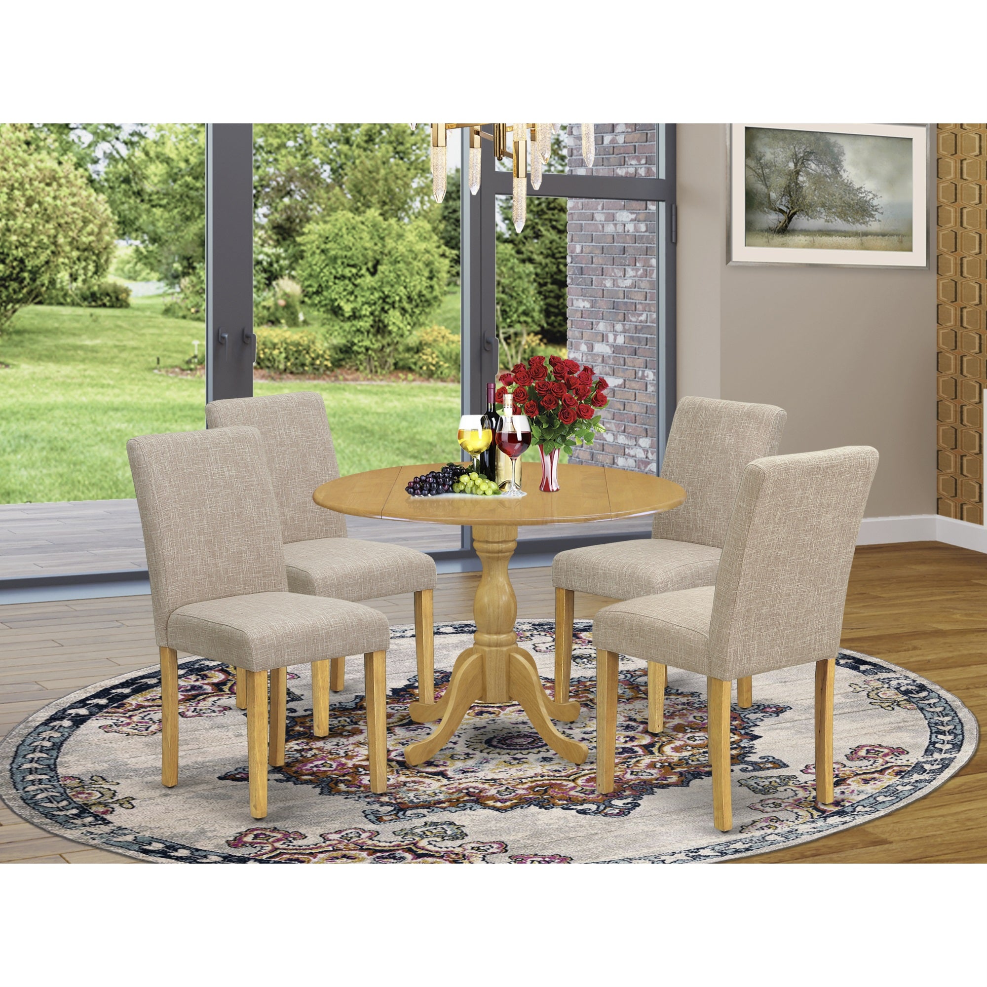 East West Furniture Dmab5-Oak-04 5 Piece Dining Room Table Set - Oak Wood Dining Table And 4 Light Tan Linen Fabric Dining Room Chairs With High Back - Oak Finish