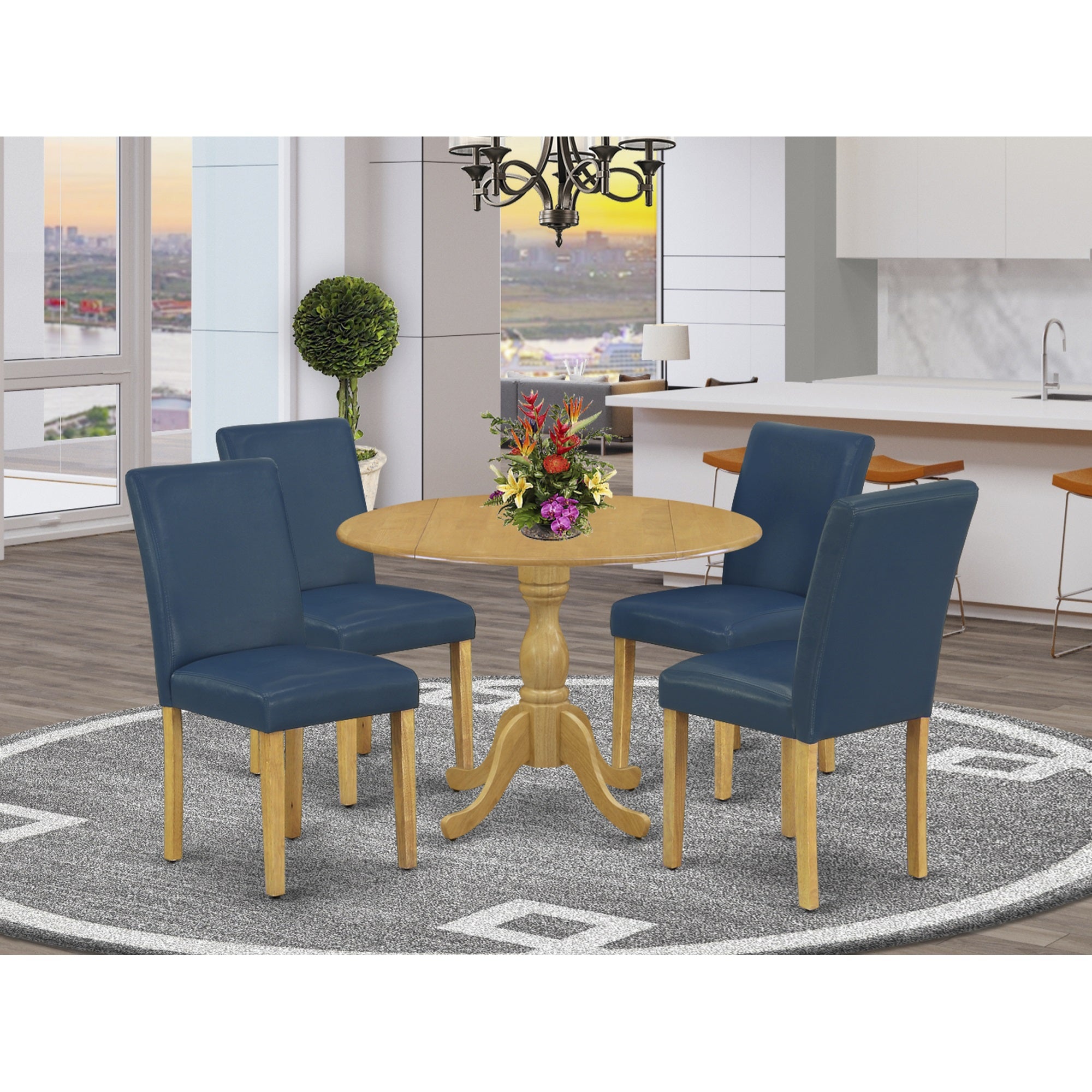 East West Furniture Dmab5-Oak-55 5 Piece Dining Table Set - Oak Dinning Table And 4 Oasis Blue Pu Leather Mid Century Modern Chairs With High Back - Oak Finish