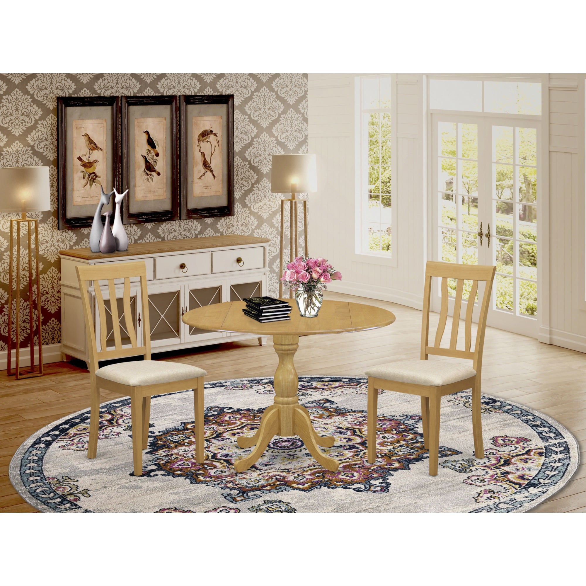 East West Furniture Dman3-Oak-C 3 Piece Kitchen Dining Table Set - Oak Kitchen Table And 2 Oak Linen Fabric Dining Room Chairs With Slatted Back- Oak Finish