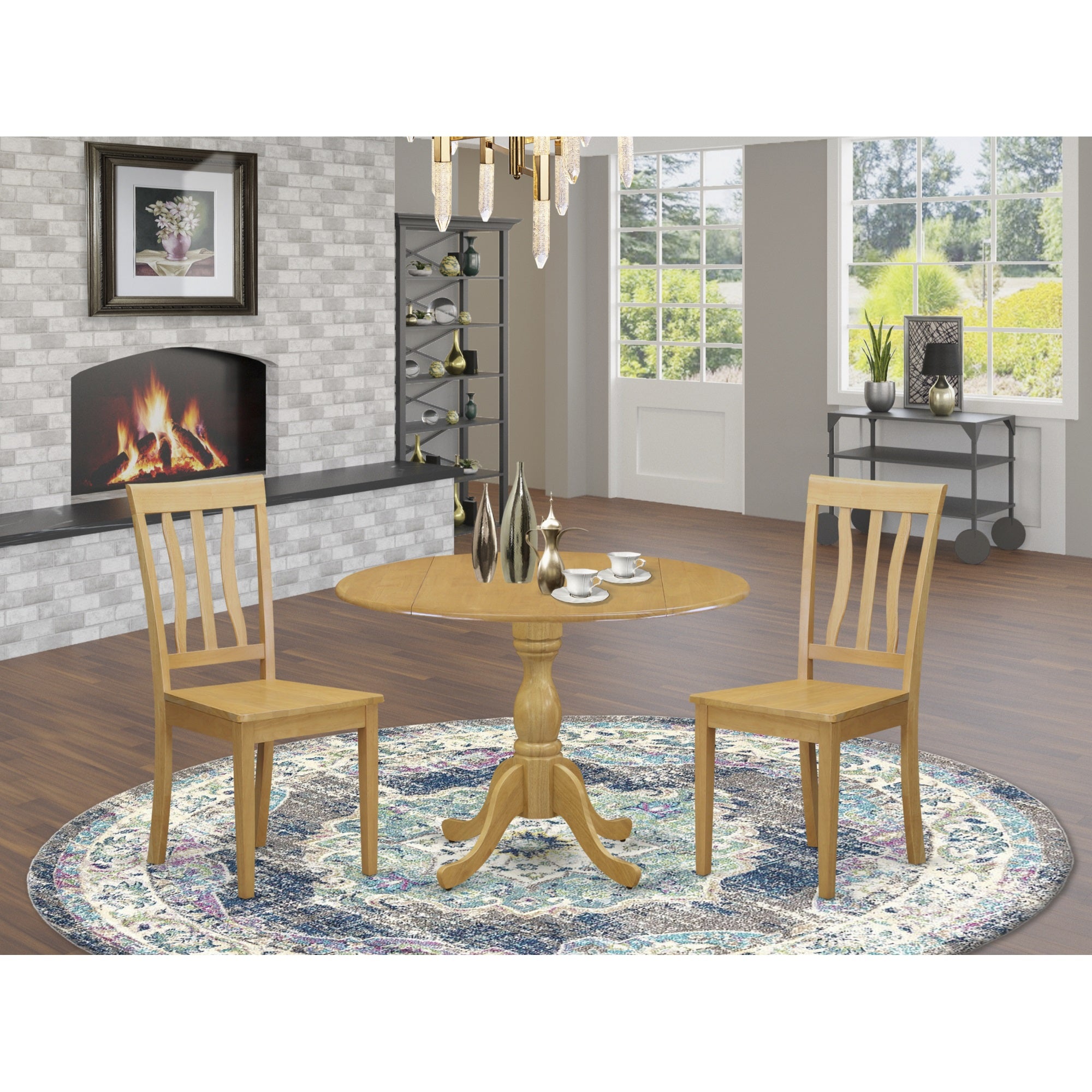 East West Furniture Dman3-Oak-W 3 Pc Dining Room Set Set - Dropleaf Dinner Table And 2 Oak Wooden Chairs For Dining Room With Slatted Back- Oak Finish