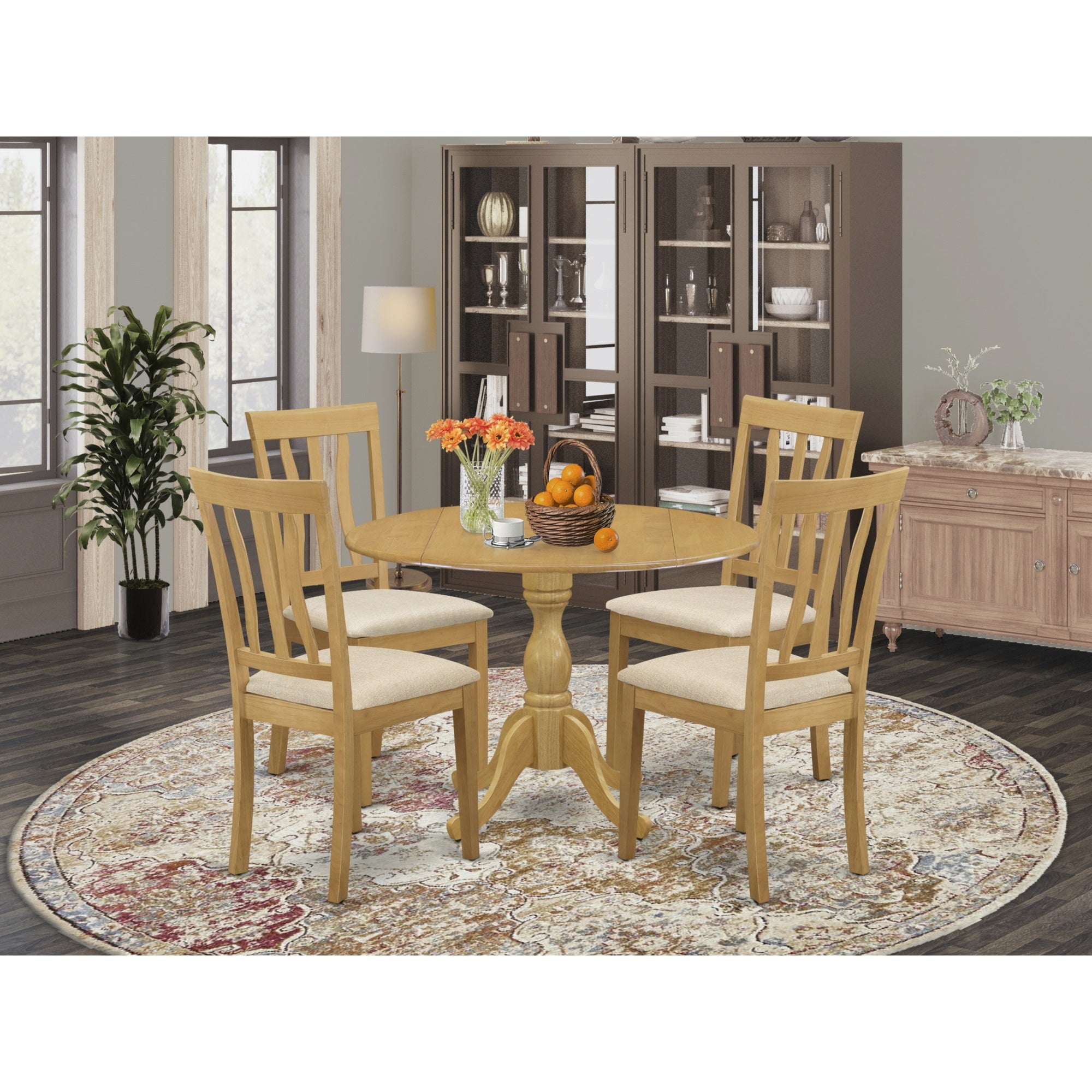 East West Furniture Dman5-Oak-C 5 Piece Dining Table Set - Oak Dining Room Table And 4 Oak Linen Fabric Dining Room Chairs With Slatted Back - Oak Finish